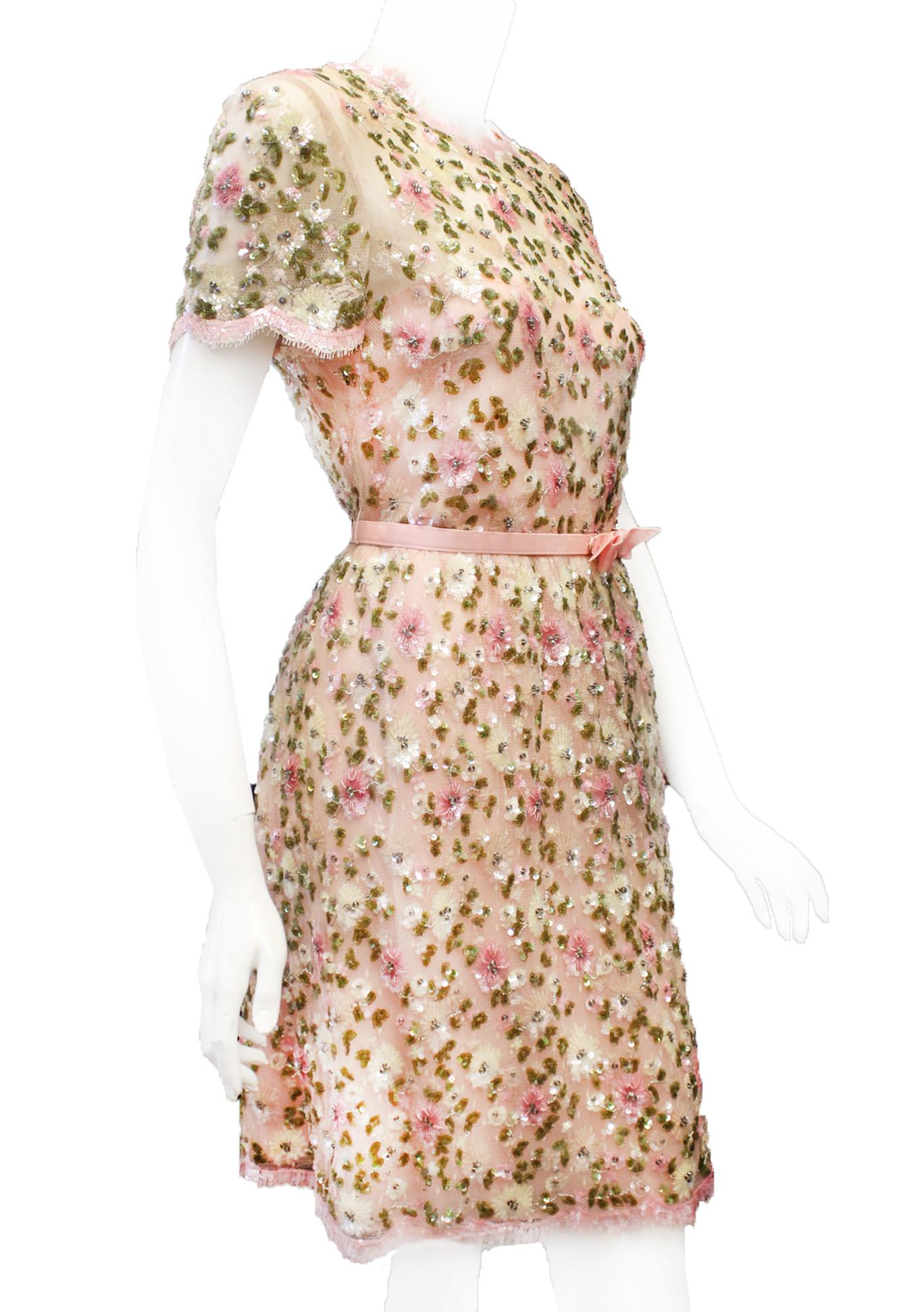 Beige Valentino Pink Sequined Tulle Floral Design Dress From 2013 Resort Collection