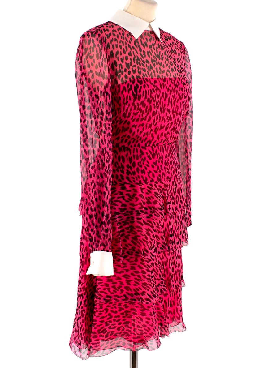 Valentino Pink Leopard Dress
- Sheer dress with a fully lined pink slip
- Cream collar and cuffs 
- Long sleeve
- Ruffled skirt
- Zip at the back with open upper back

Made in Italy
(Care label has been removed)

Measurements are taken laying flat,