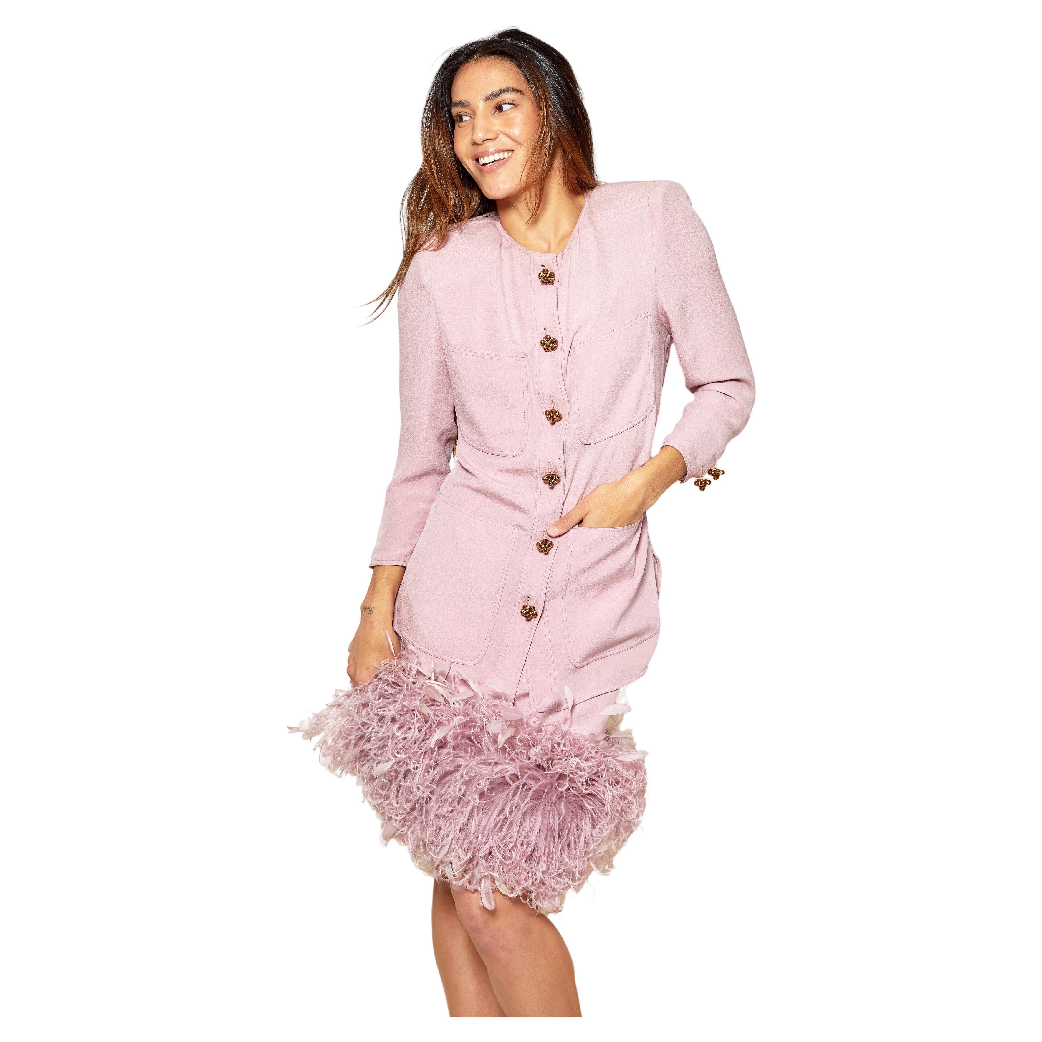 Valentino Pink Skirt Suit With Ostrich Skirt Hem For Sale
