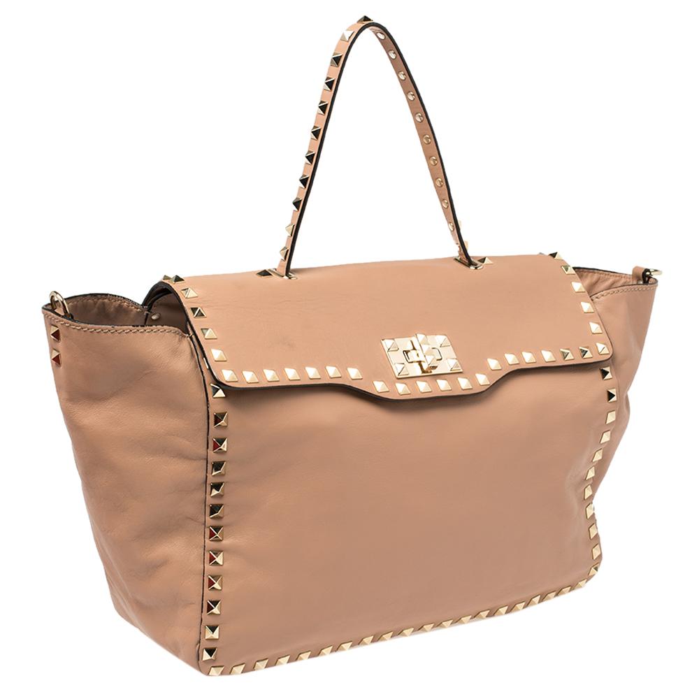 Beige Valentino Pink Soft Leather Rockstud Top Handle Bag