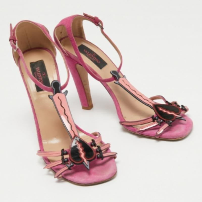 Rose Valentino Sandales Love Blade à bride en daim et cuir verni rose taille 38 en vente