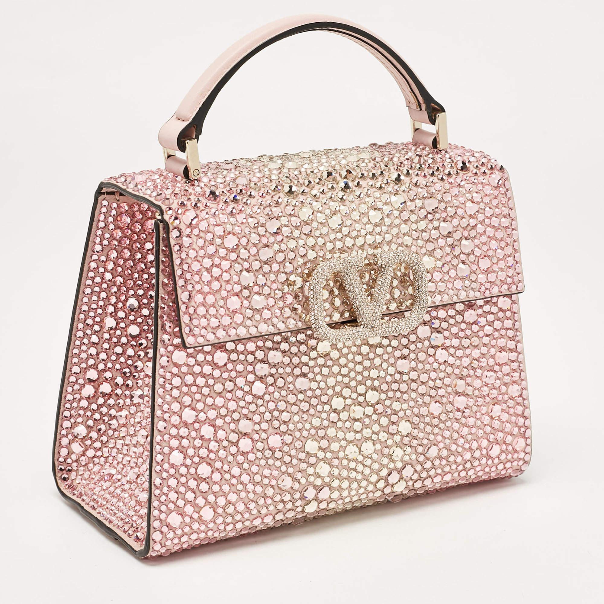 Beige Valentino Pink Suede Crystals Mini VSling Top Handle Bag