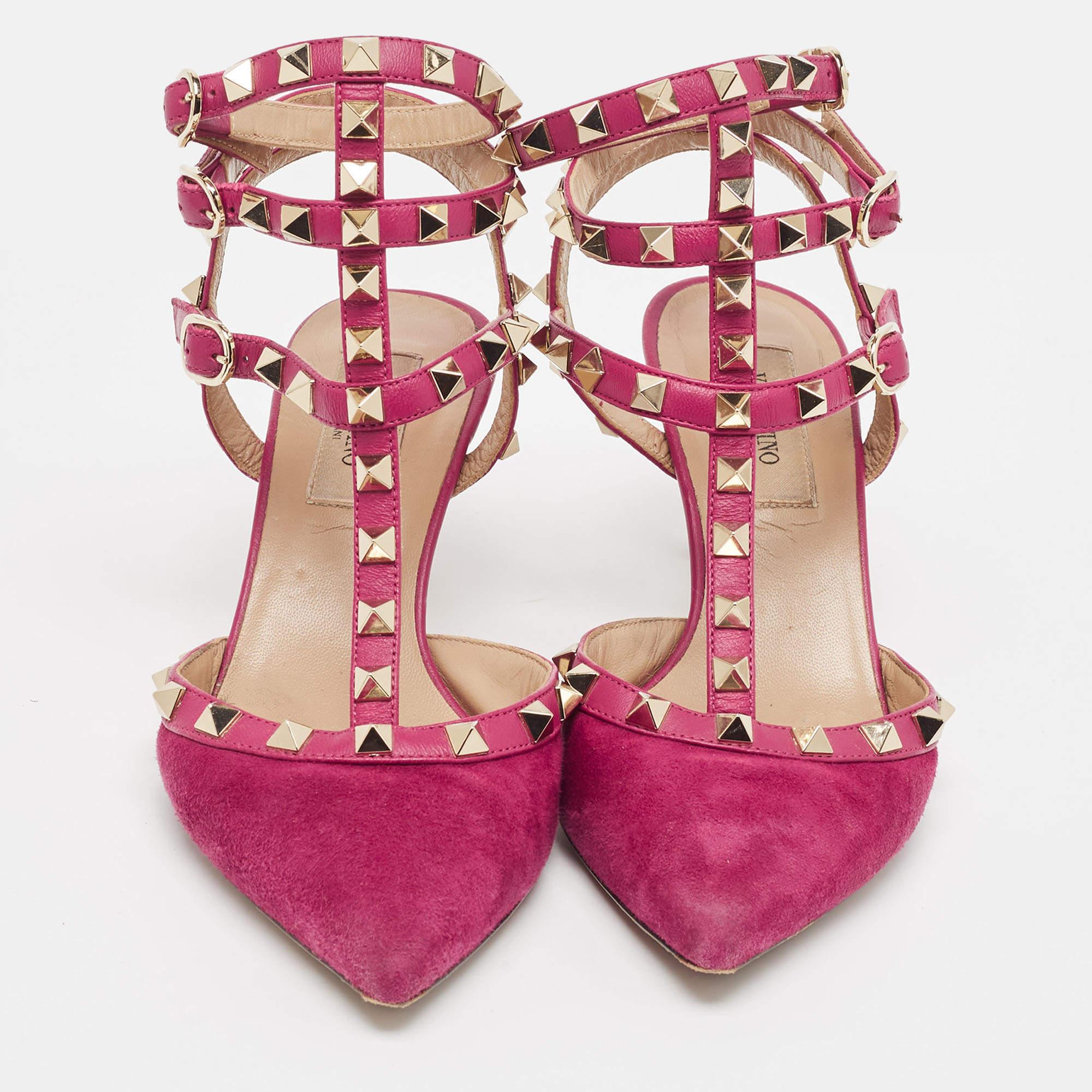 Women's Valentino Pink Suede Rockstud Ankle Strap Pumps Size 36 For Sale