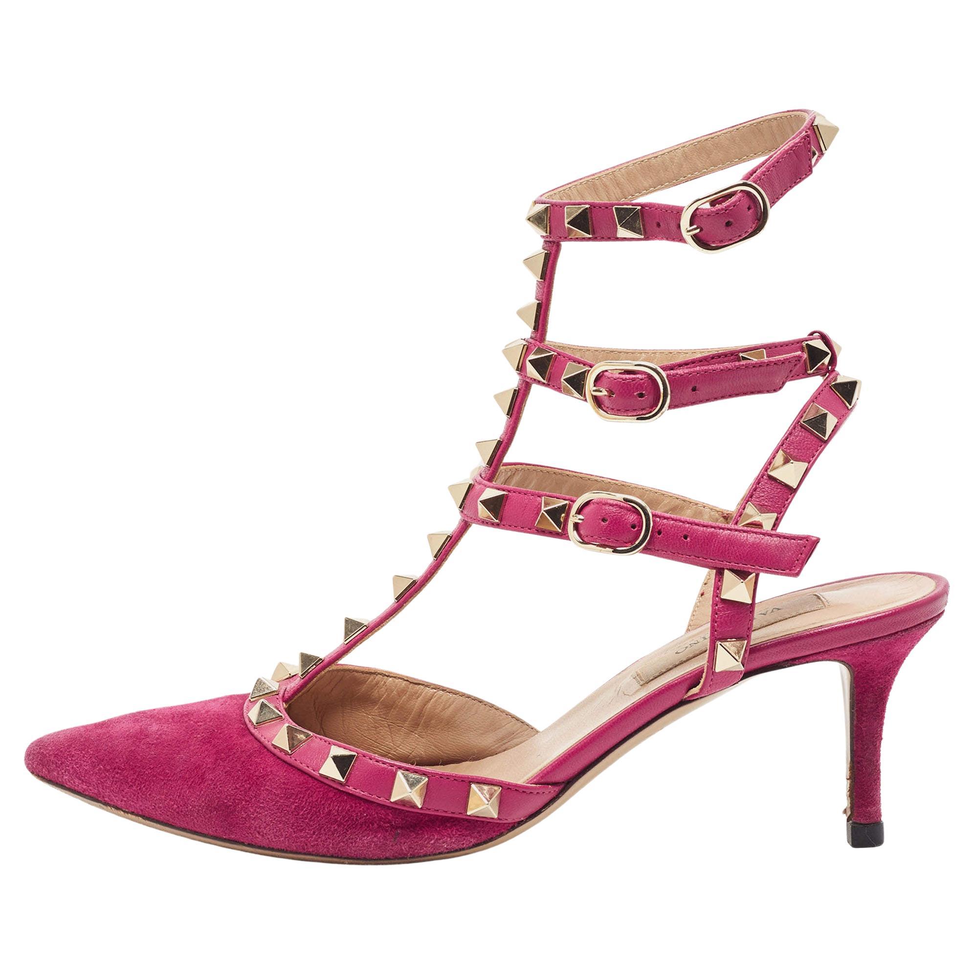 Valentino Pink Suede Rockstud Ankle Strap Pumps Size 36 For Sale