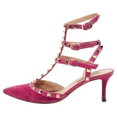 Used Valentino Pink Suede Rockstud Ankle Strap Pumps Size 36