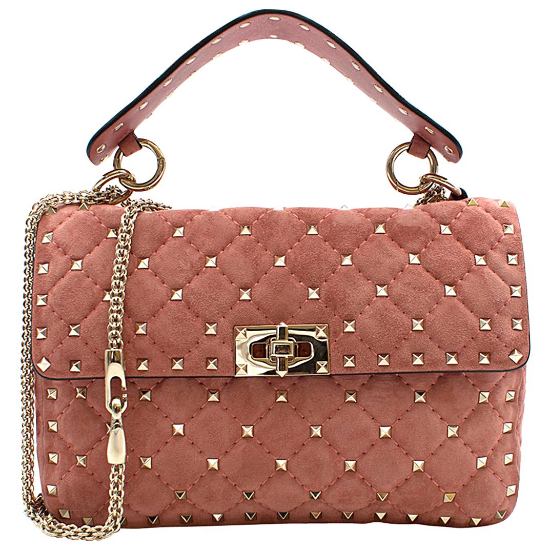 Valentino Pink Suede Rockstud Spike Medium Chain Bag For Sale