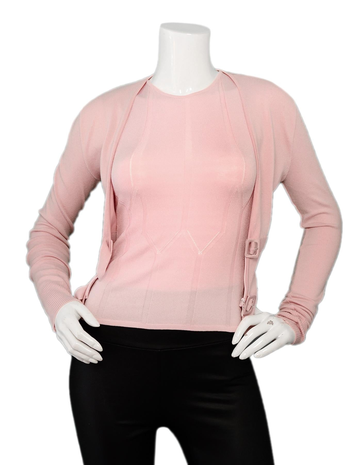 Valentino Pink Sweater Set w/ Buckle Detail sz Small 

Made In: Italy
Color: Pink
Materials: Composition tag illegible 
Lining: Composition tag illegible 
Opening/Closure: Front zip closure
Overall Condition: Very good pre-owned condition, with