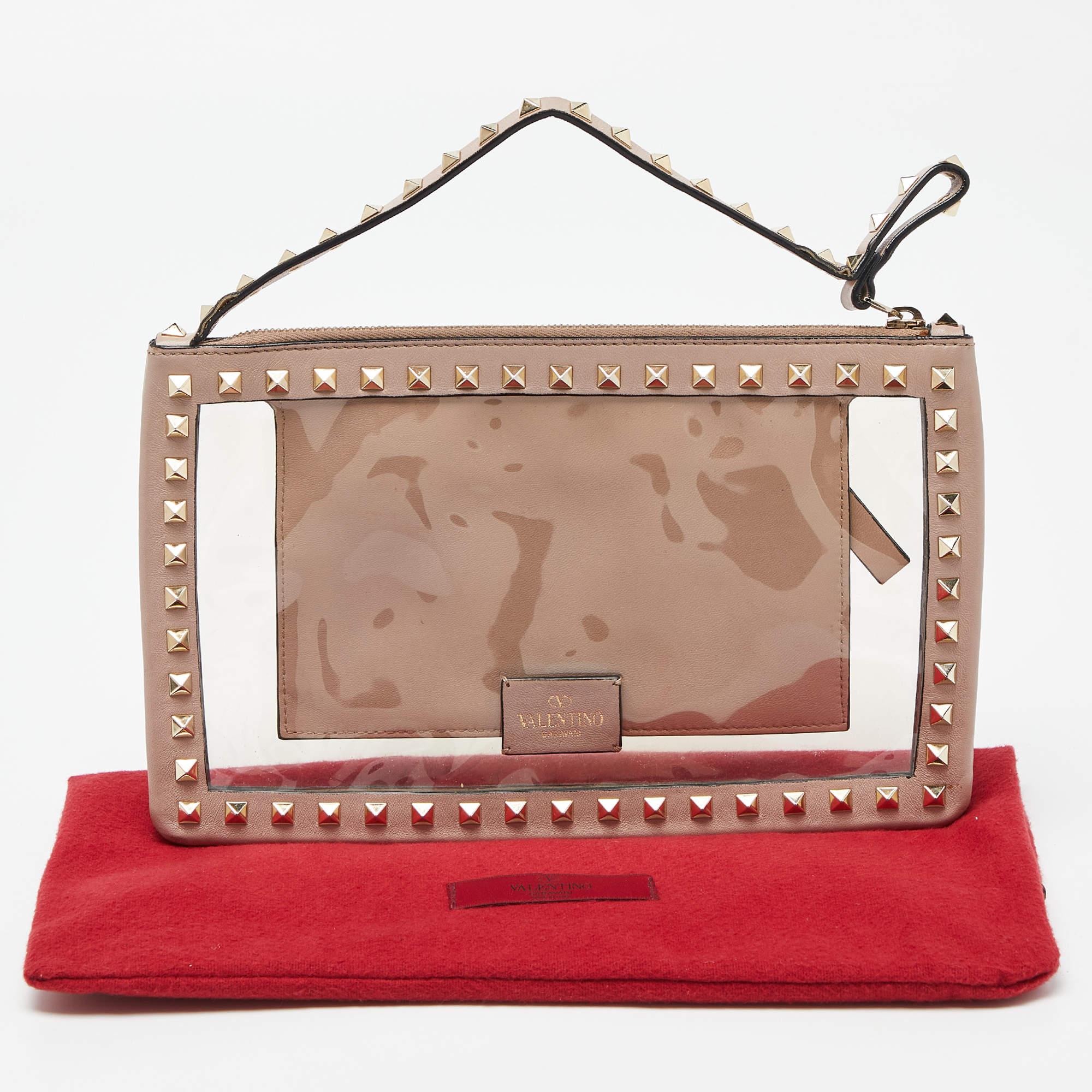 Valentino Pink/Transparent Leather and PVC Rockstud Clutch For Sale 7