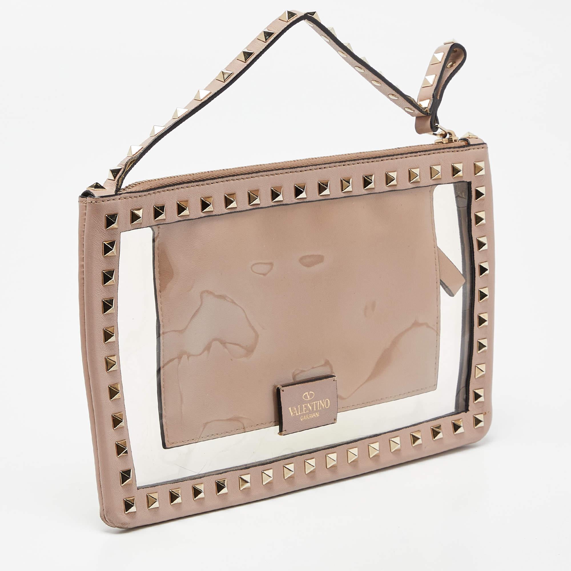Brown Valentino Pink/Transparent Leather and PVC Rockstud Clutch For Sale