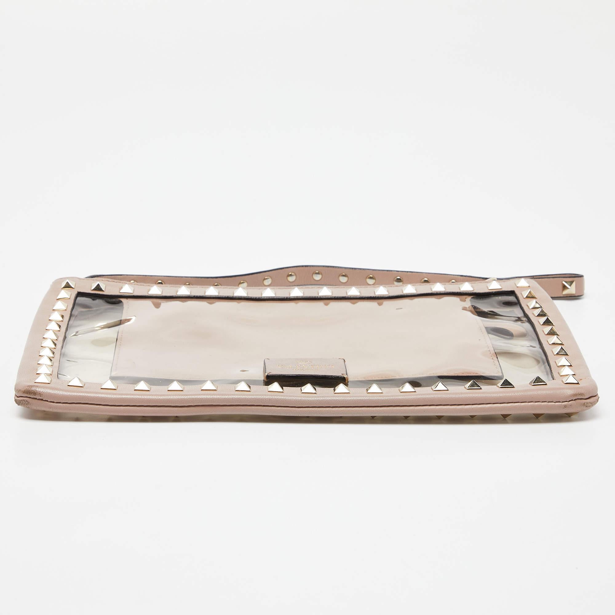 Valentino Pink/Transparent Leather and PVC Rockstud Clutch For Sale 1