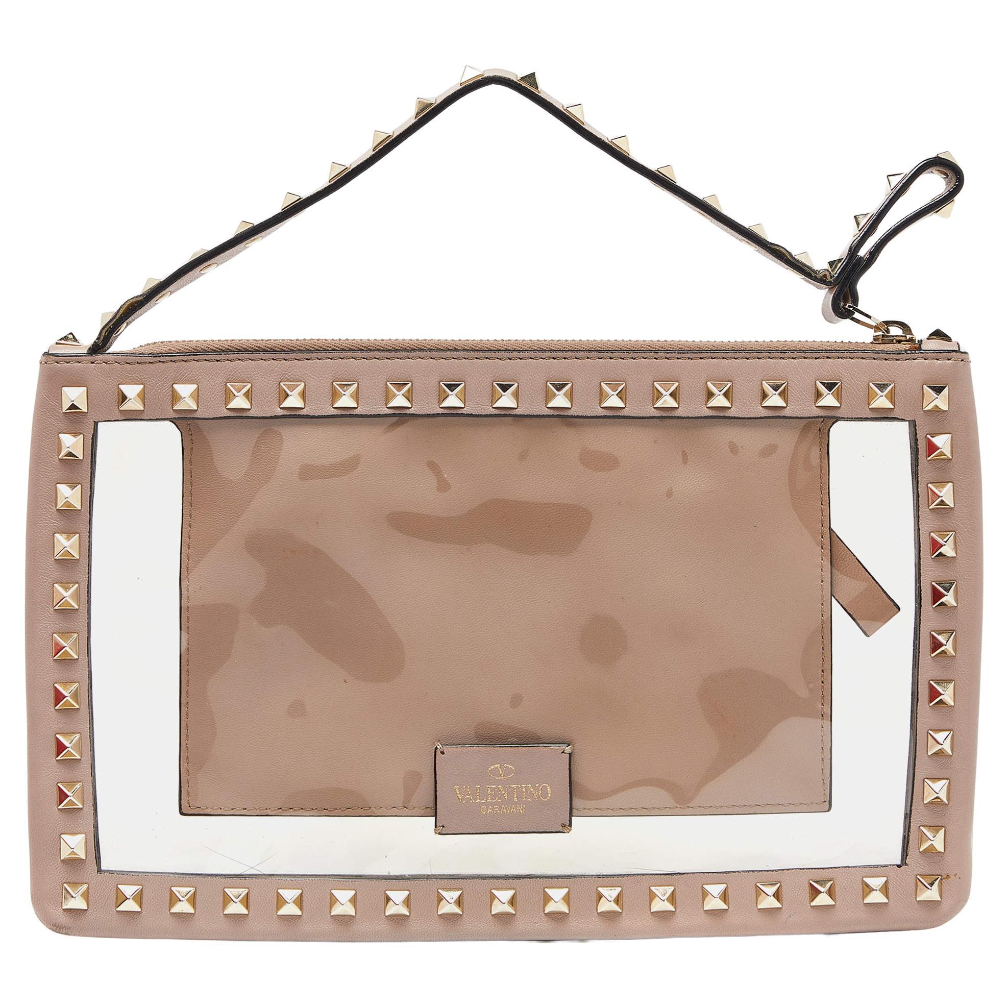 Valentino Pink/Transparent Leather and PVC Rockstud Clutch For Sale
