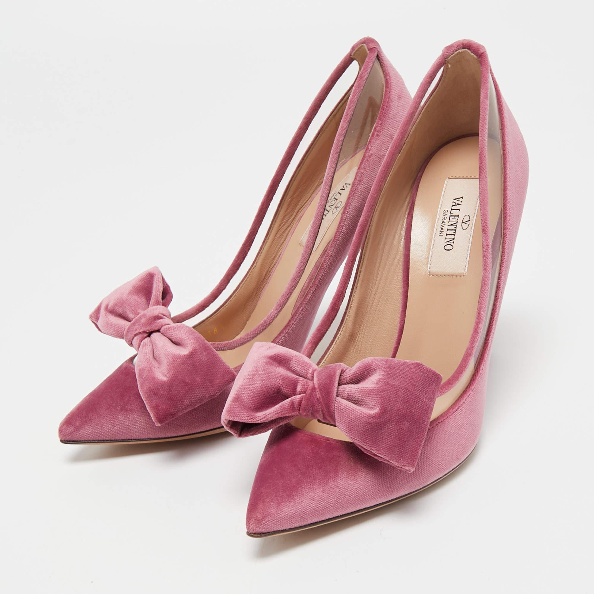 Women's Valentino Pink Velvet and PVC Bow Pointed Pumps Size 36.5