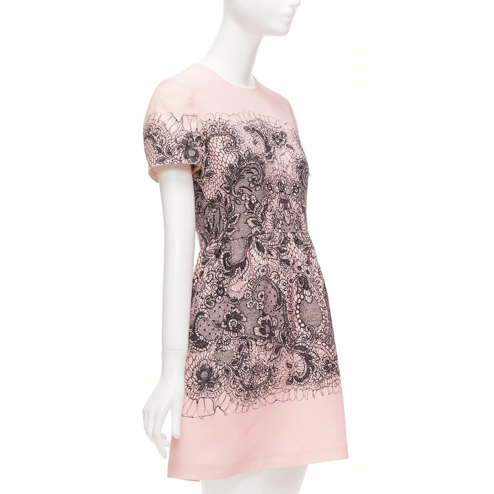 Beige VALENTINO pink virgin wool silk black scribble lace tromp loeil dress IT40 S