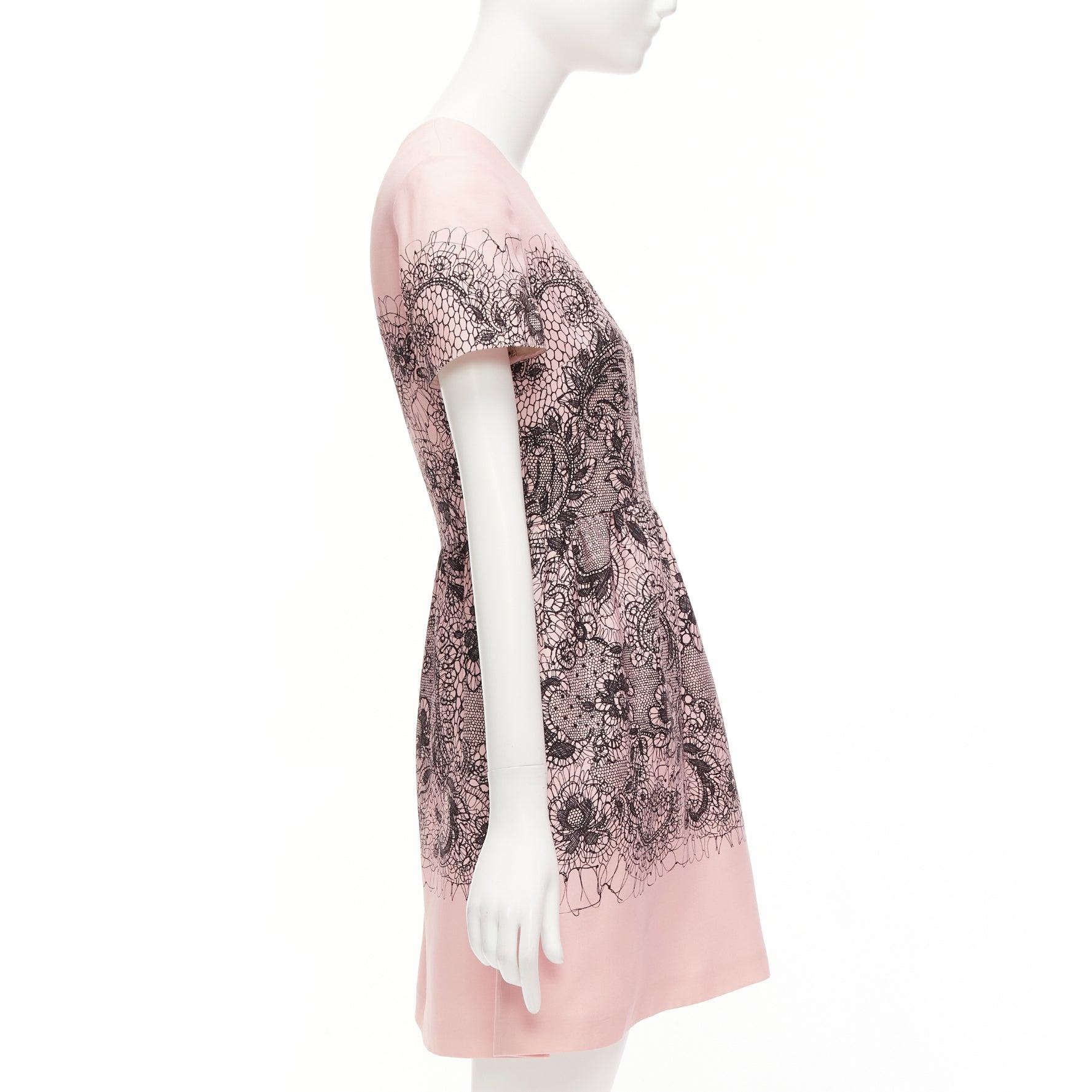 Women's VALENTINO pink virgin wool silk black scribble lace tromp loeil dress IT40 S