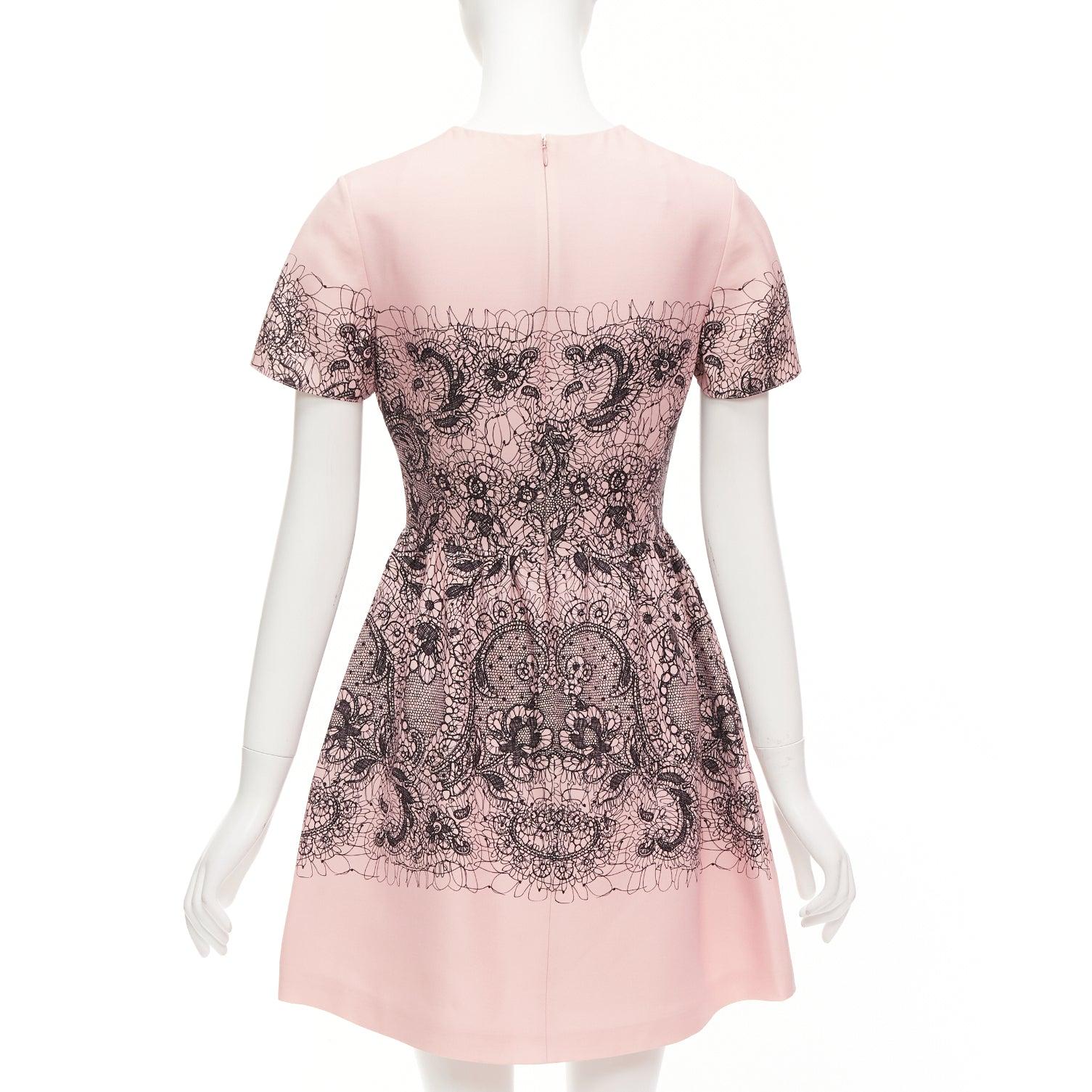 VALENTINO pink virgin wool silk black scribble lace tromp loeil dress IT40 S 1