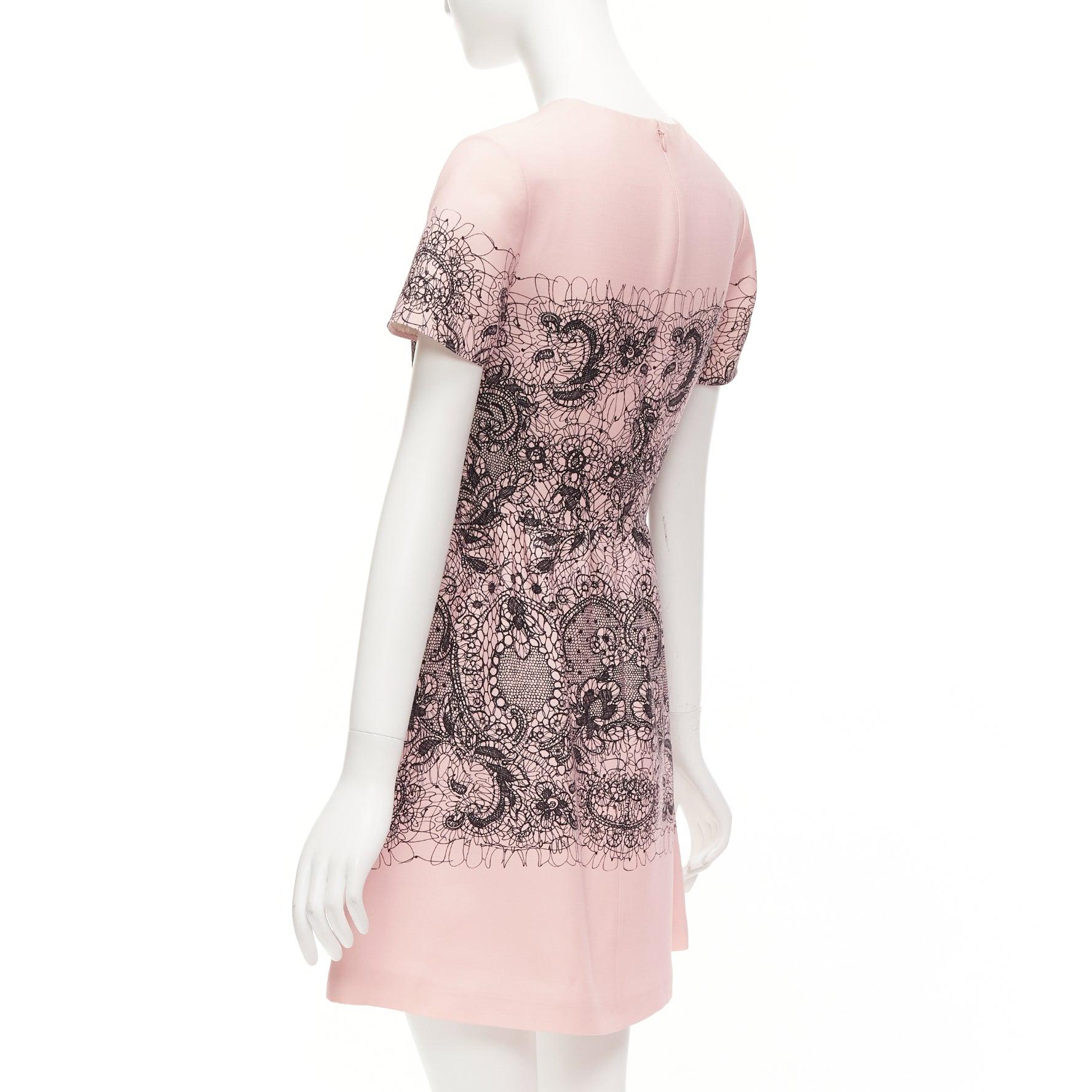 VALENTINO pink virgin wool silk black scribble lace tromp loeil dress IT40 S 2