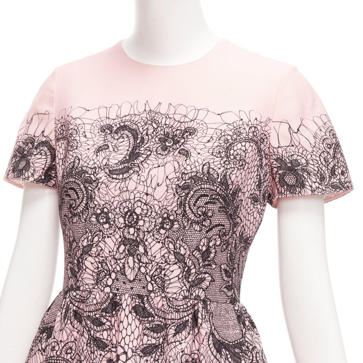VALENTINO pink virgin wool silk black scribble lace tromp loeil dress IT40 S 3
