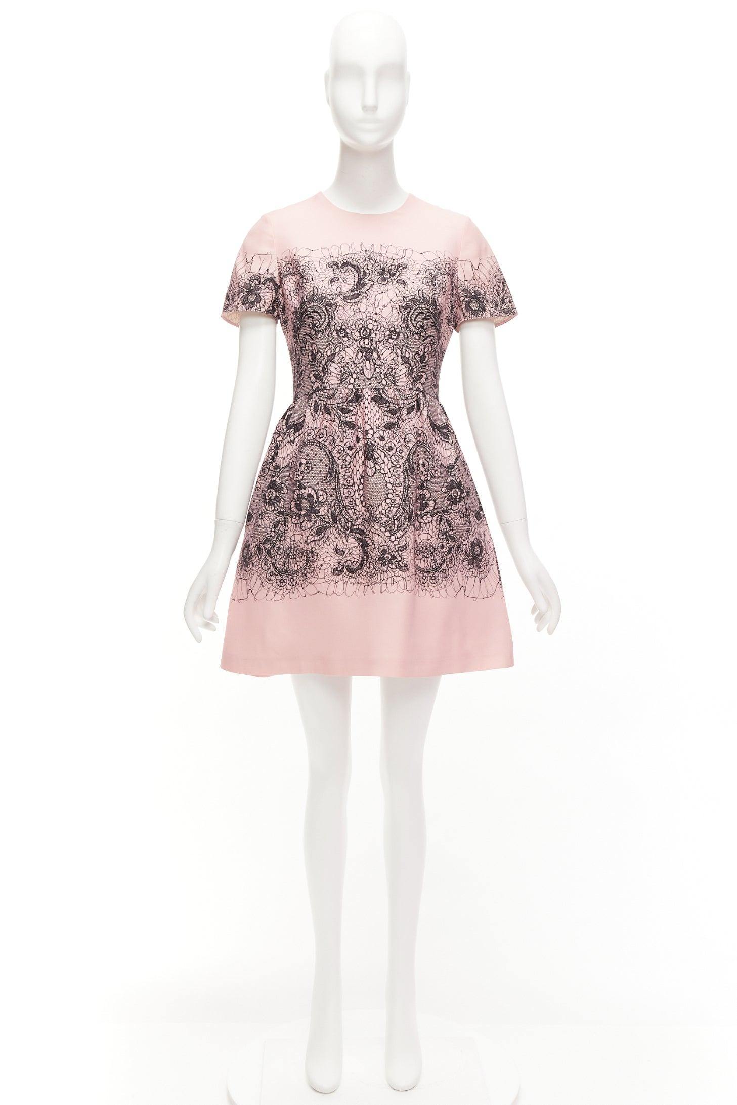 VALENTINO pink virgin wool silk black scribble lace tromp loeil dress IT40 S 5