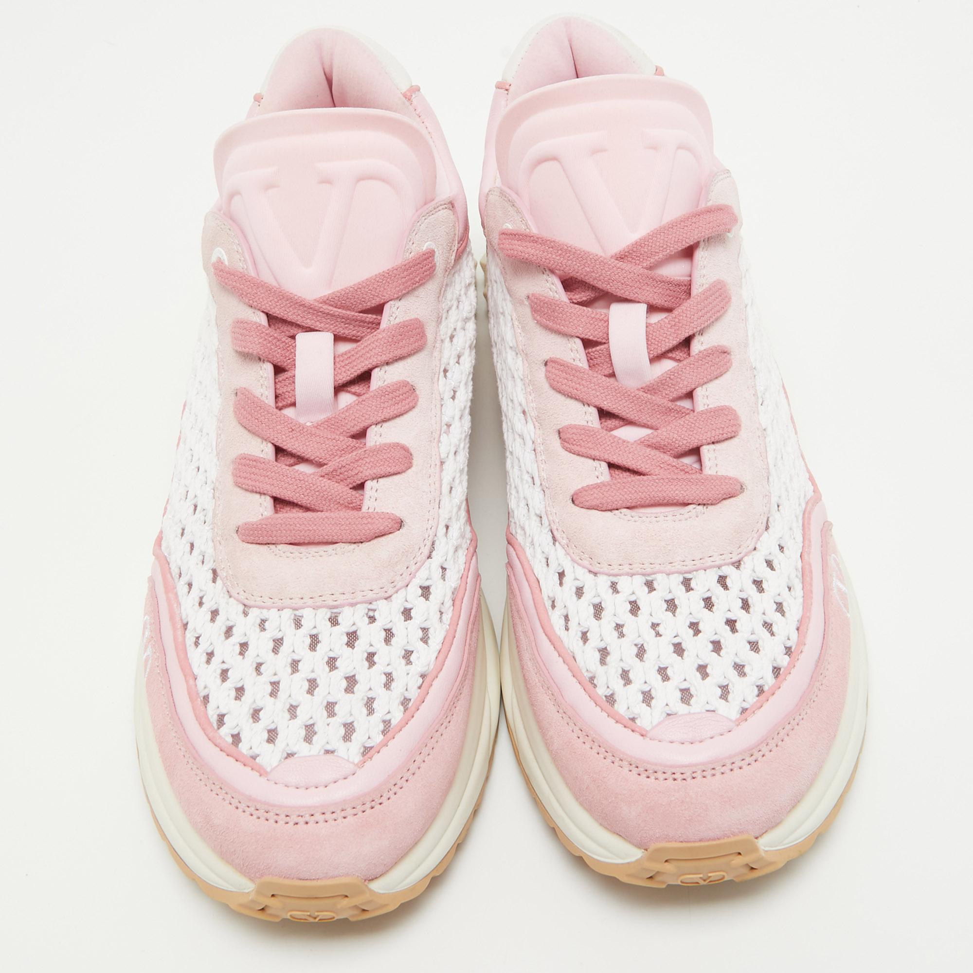 Valentino Pink/White Leather and Mesh Lace Up Sneakers Size 40 In Good Condition For Sale In Dubai, Al Qouz 2