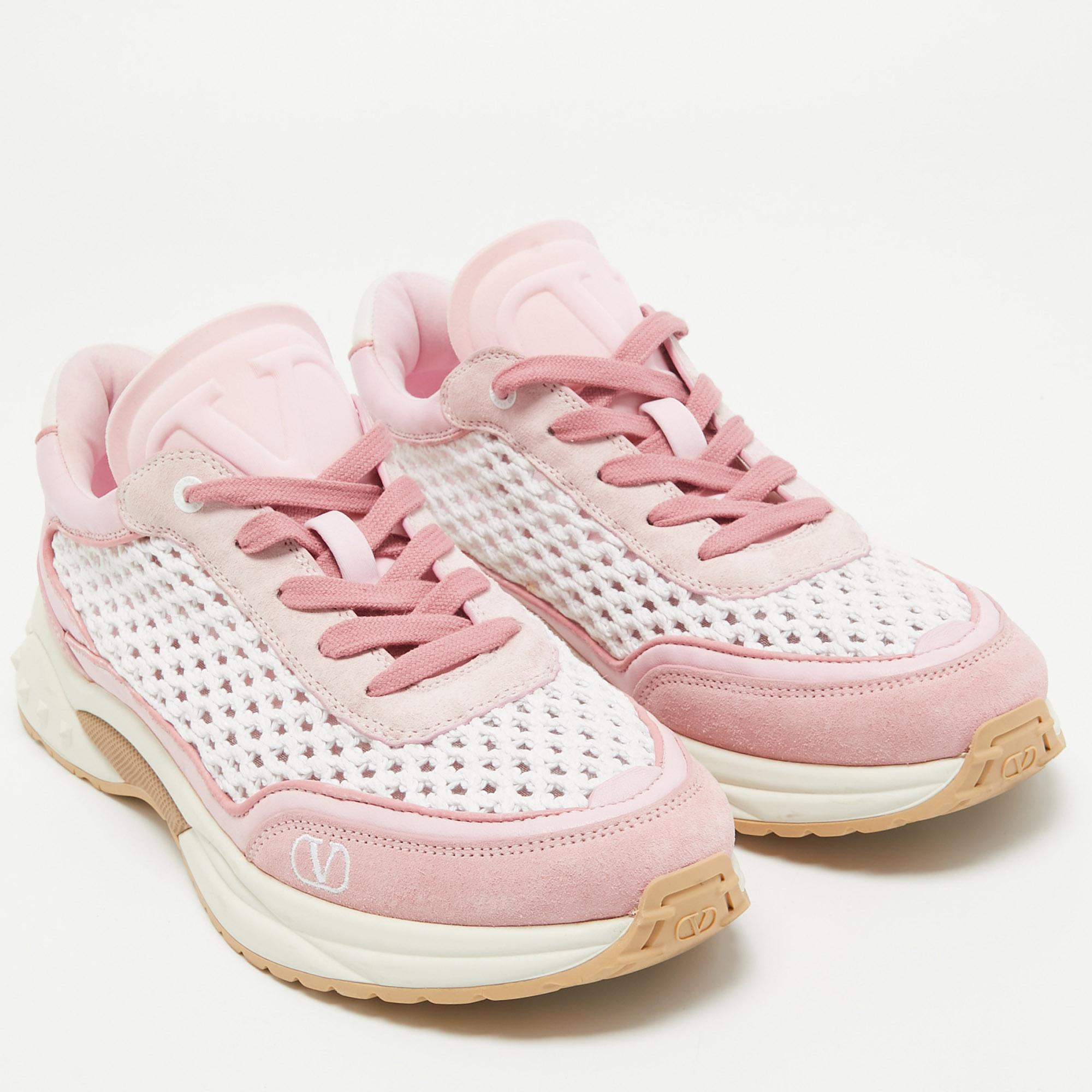 Valentino Pink/White Leather and Mesh Lace Up Sneakers Size 40 For Sale 1