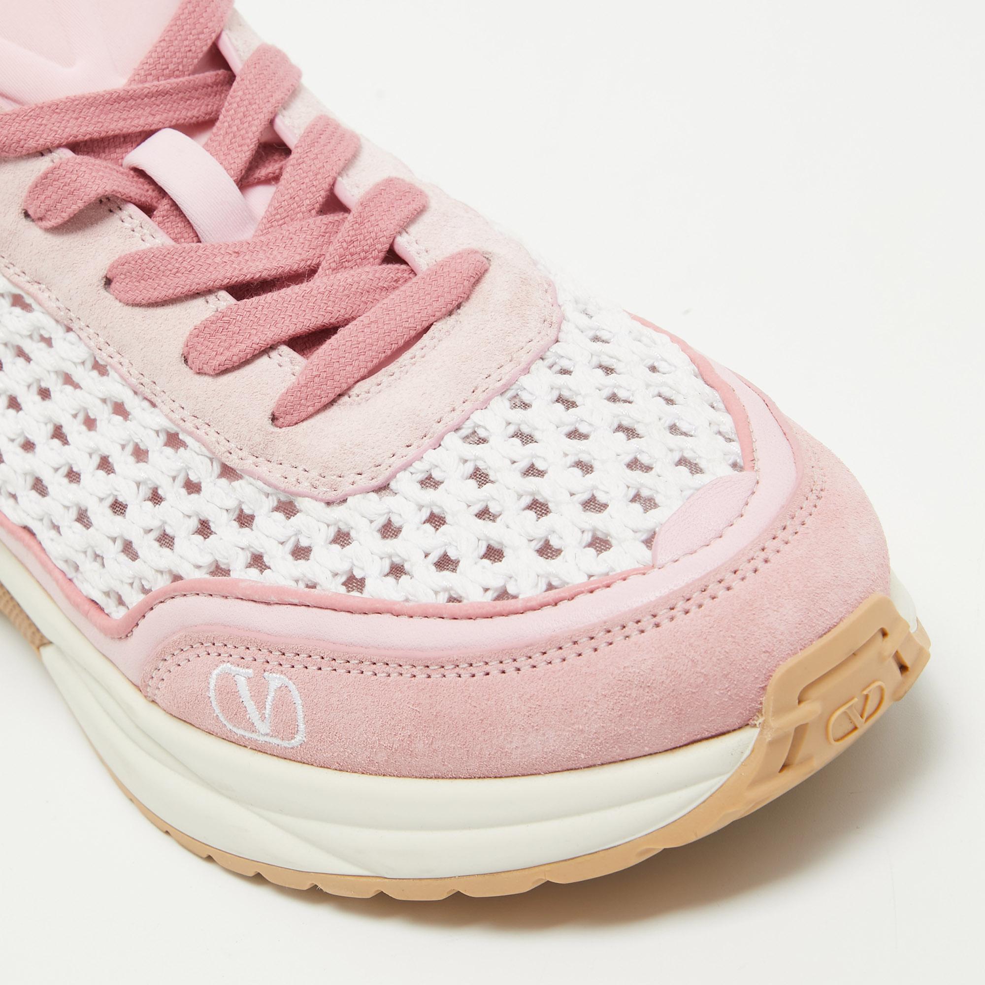 Valentino Pink/White Leather and Mesh Lace Up Sneakers Size 40 For Sale 2