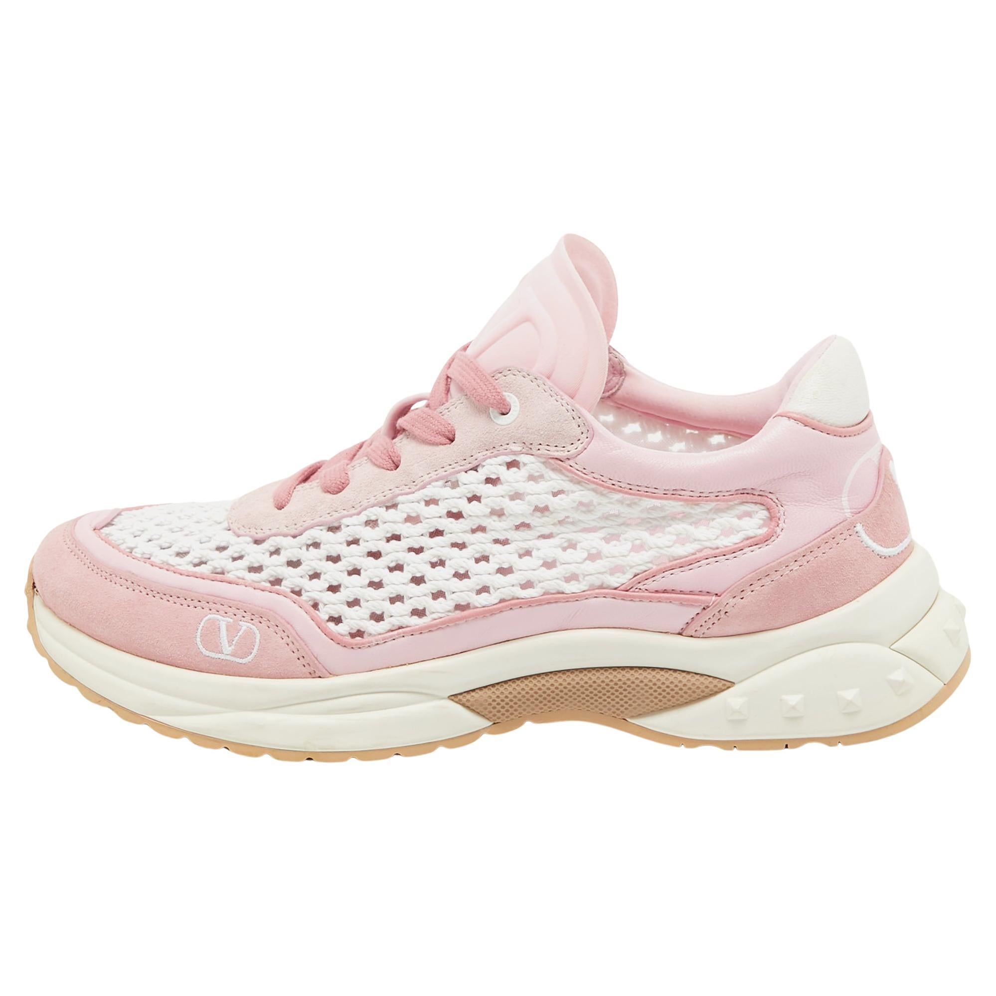 Valentino Pink/White Leather and Mesh Lace Up Sneakers Size 40 For Sale