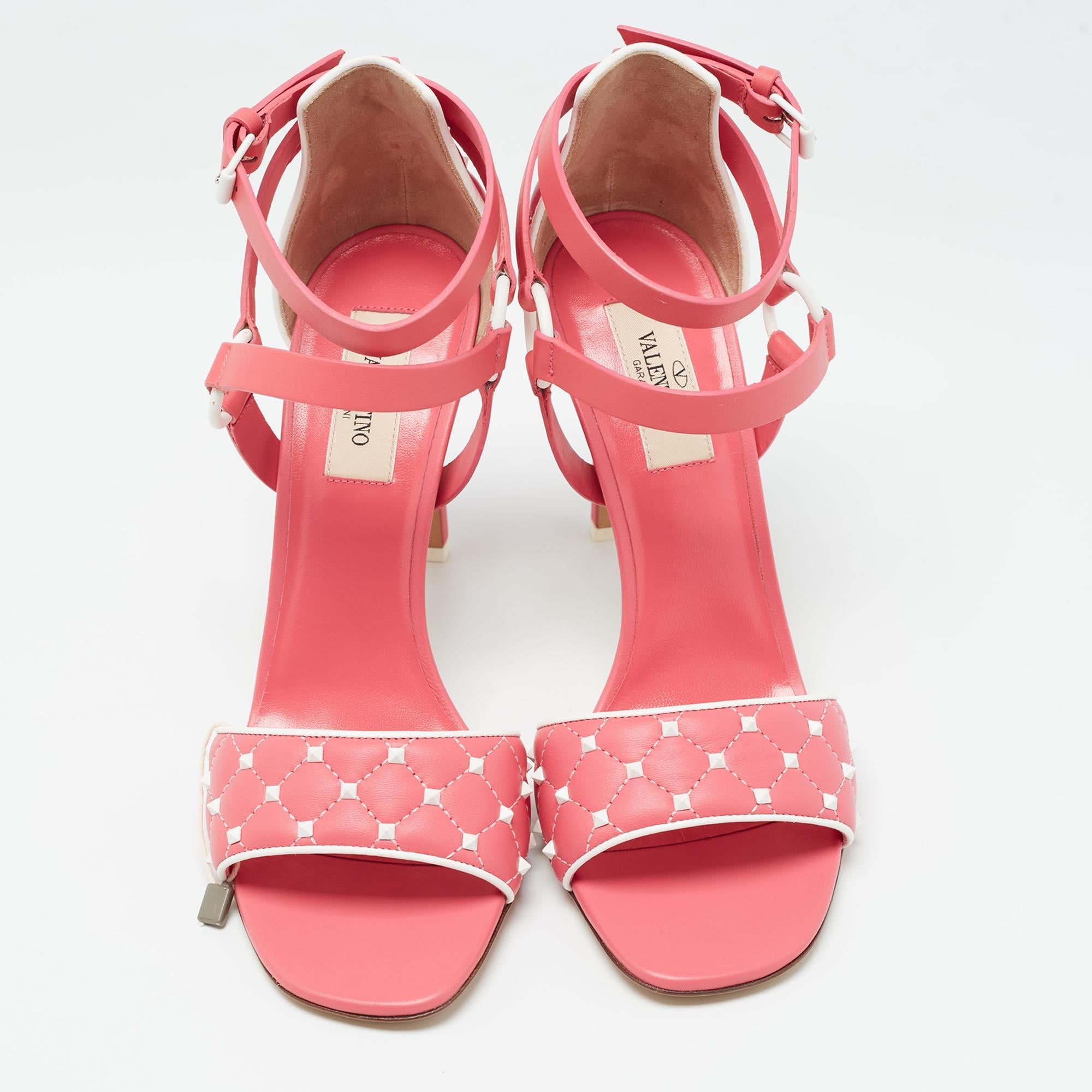 Valentino Pink/White Leather Rockstud Ankle Strap Sandals Size 38 In Fair Condition For Sale In Dubai, Al Qouz 2