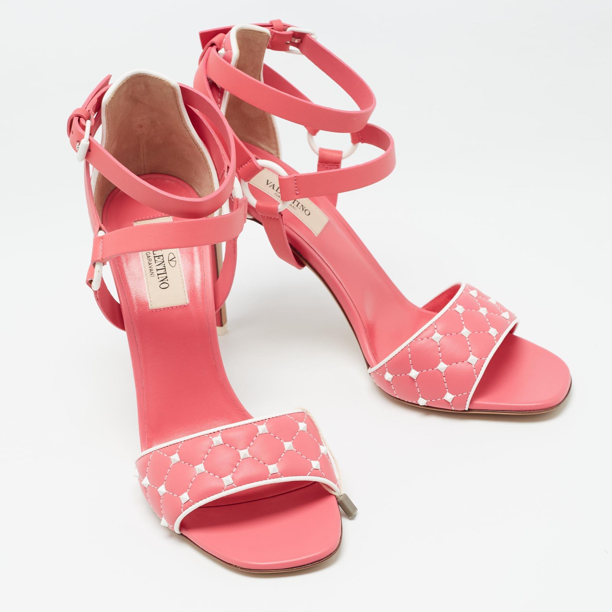 Women's Valentino Pink/White Leather Rockstud Ankle Strap Sandals Size 38 For Sale