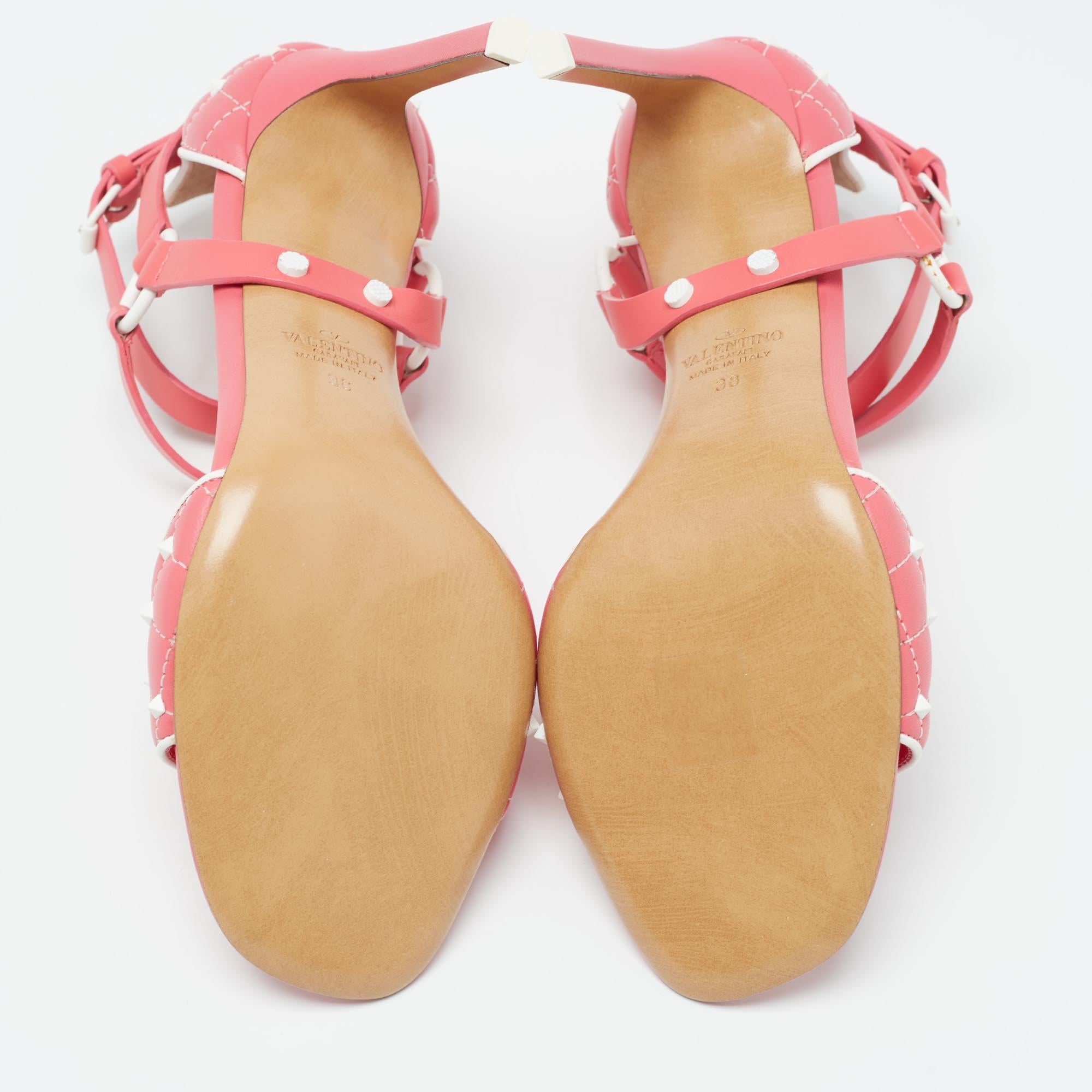 Valentino Pink/White Leather Rockstud Ankle Strap Sandals Size 38 For Sale 2