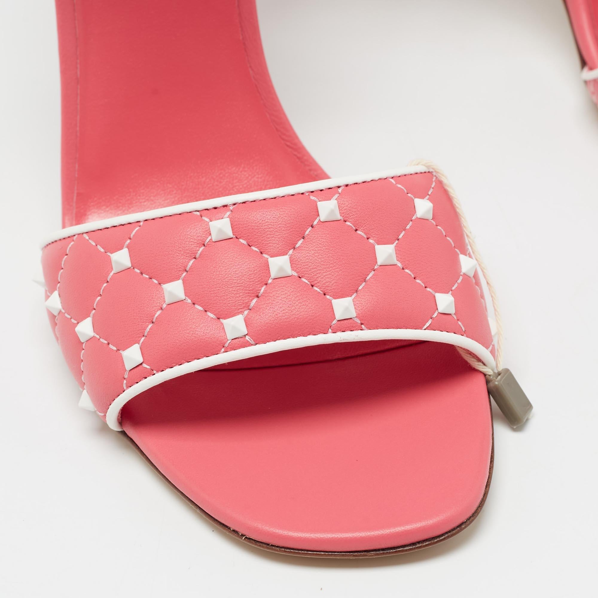 Valentino Pink/White Leather Rockstud Ankle Strap Sandals Size 38 For Sale 3