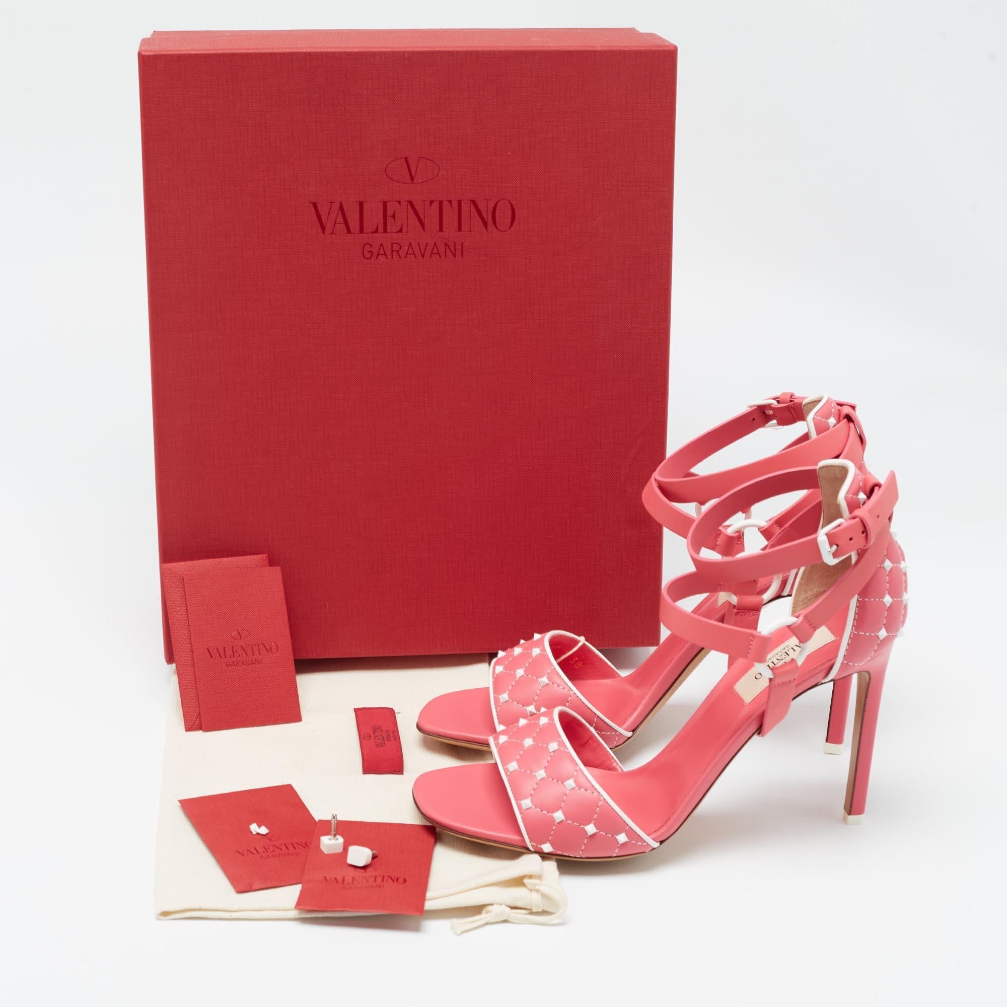 Valentino Pink/White Leather Rockstud Ankle Strap Sandals Size 38 For Sale 5