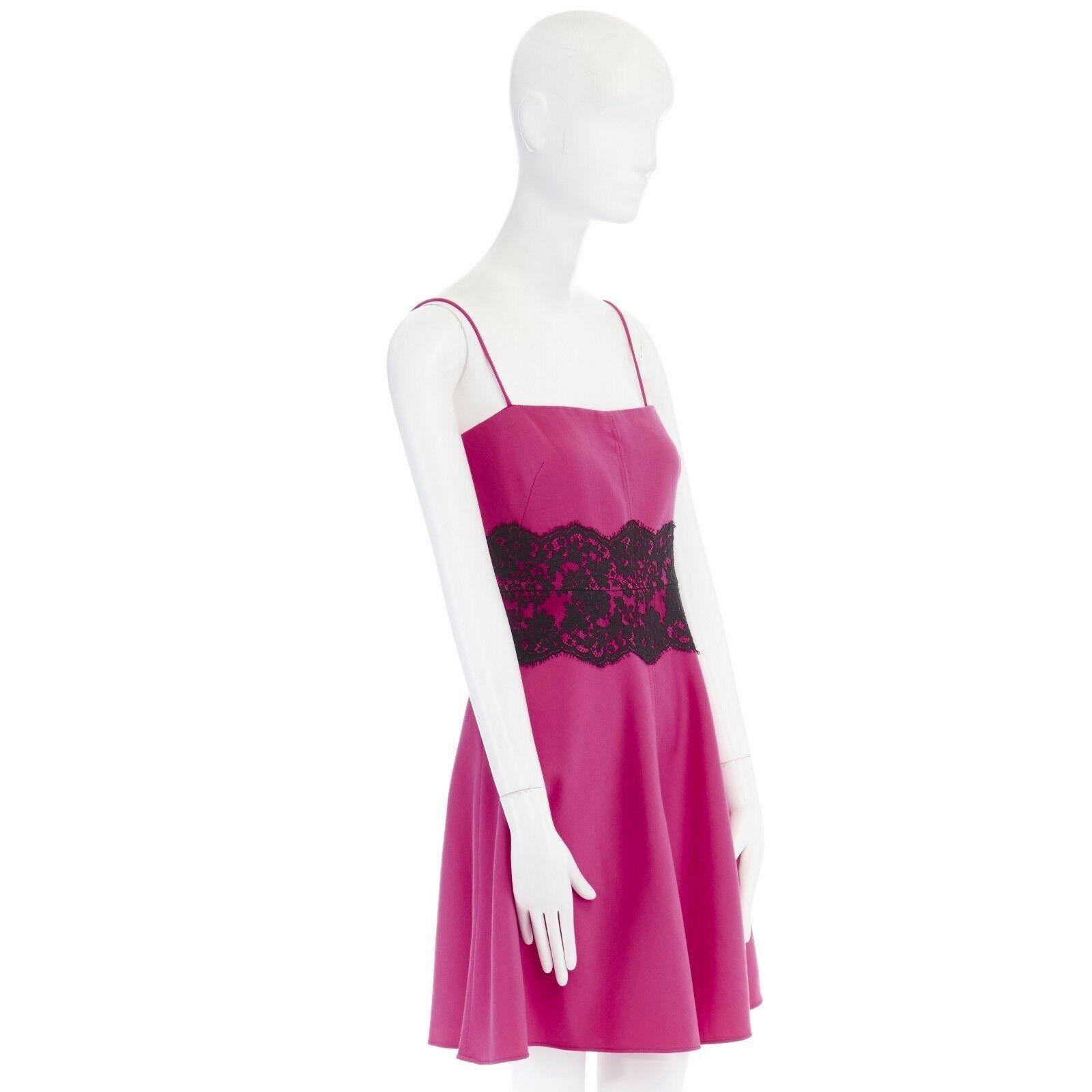 Pink VALENTINO pink wool blend black lace trimmed waist flared skirt dress IT42 M For Sale