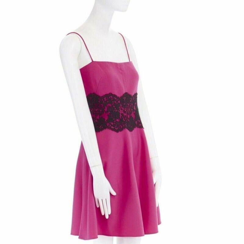 Women's VALENTINO pink wool blend black lace trimmed waist flared skirt dress IT42 M For Sale