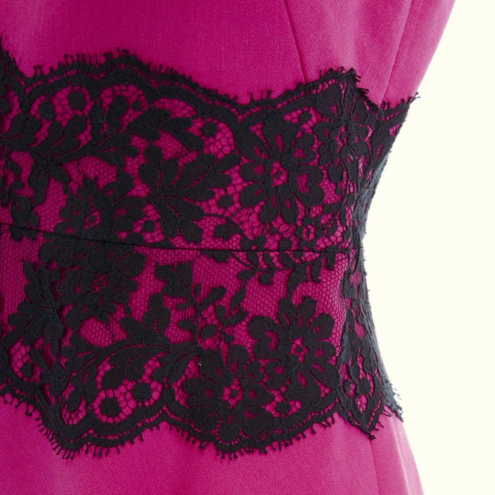 VALENTINO pink wool blend black lace trimmed waist flared skirt dress IT42 M For Sale 3