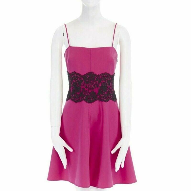 VALENTINO pink wool blend black lace trimmed waist flared skirt dress IT42 M For Sale