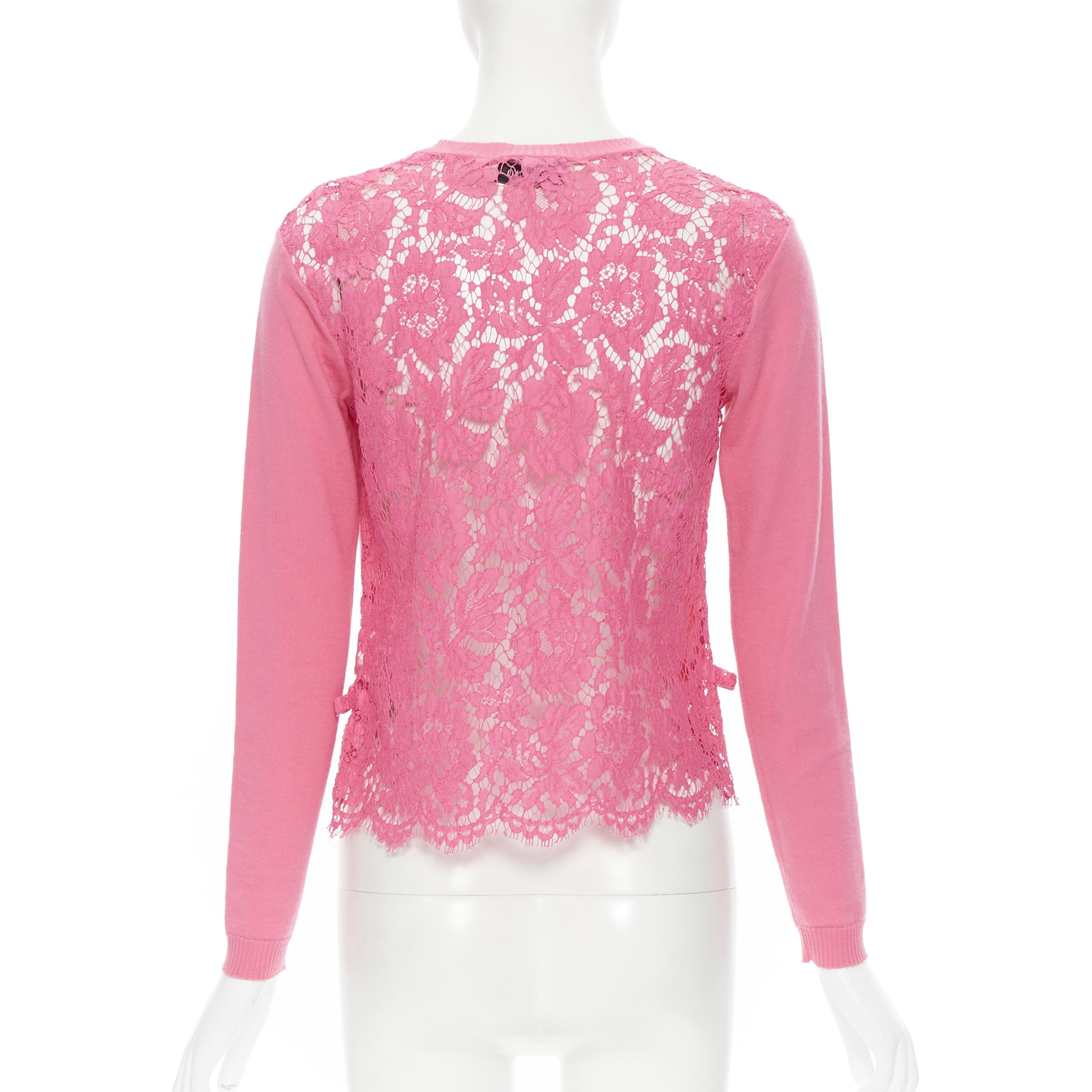 Pink VALENTINO pink wool cashmere floral lace back ribbon bow cropped sweater S