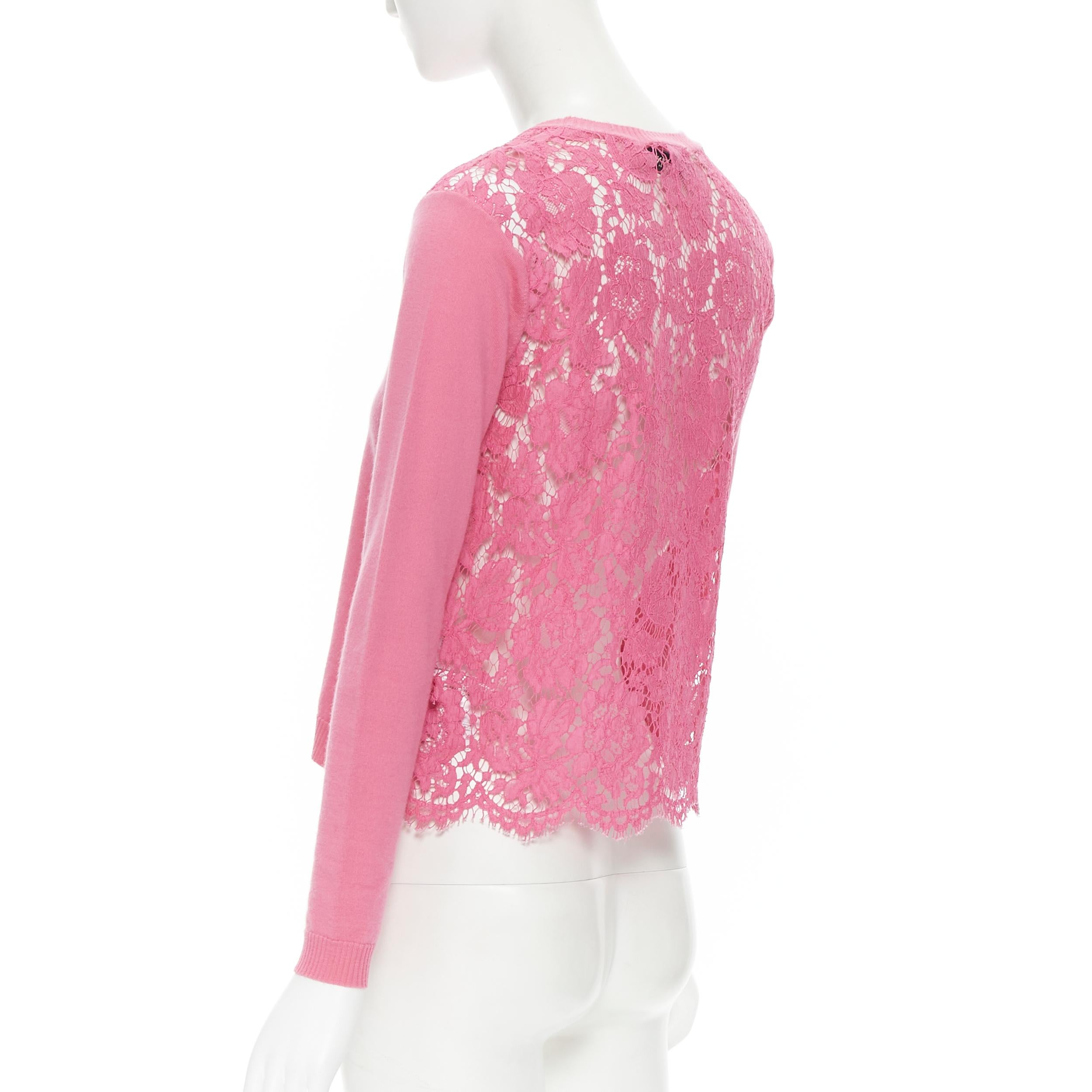 Women's VALENTINO pink wool cashmere floral lace back ribbon bow cropped sweater S