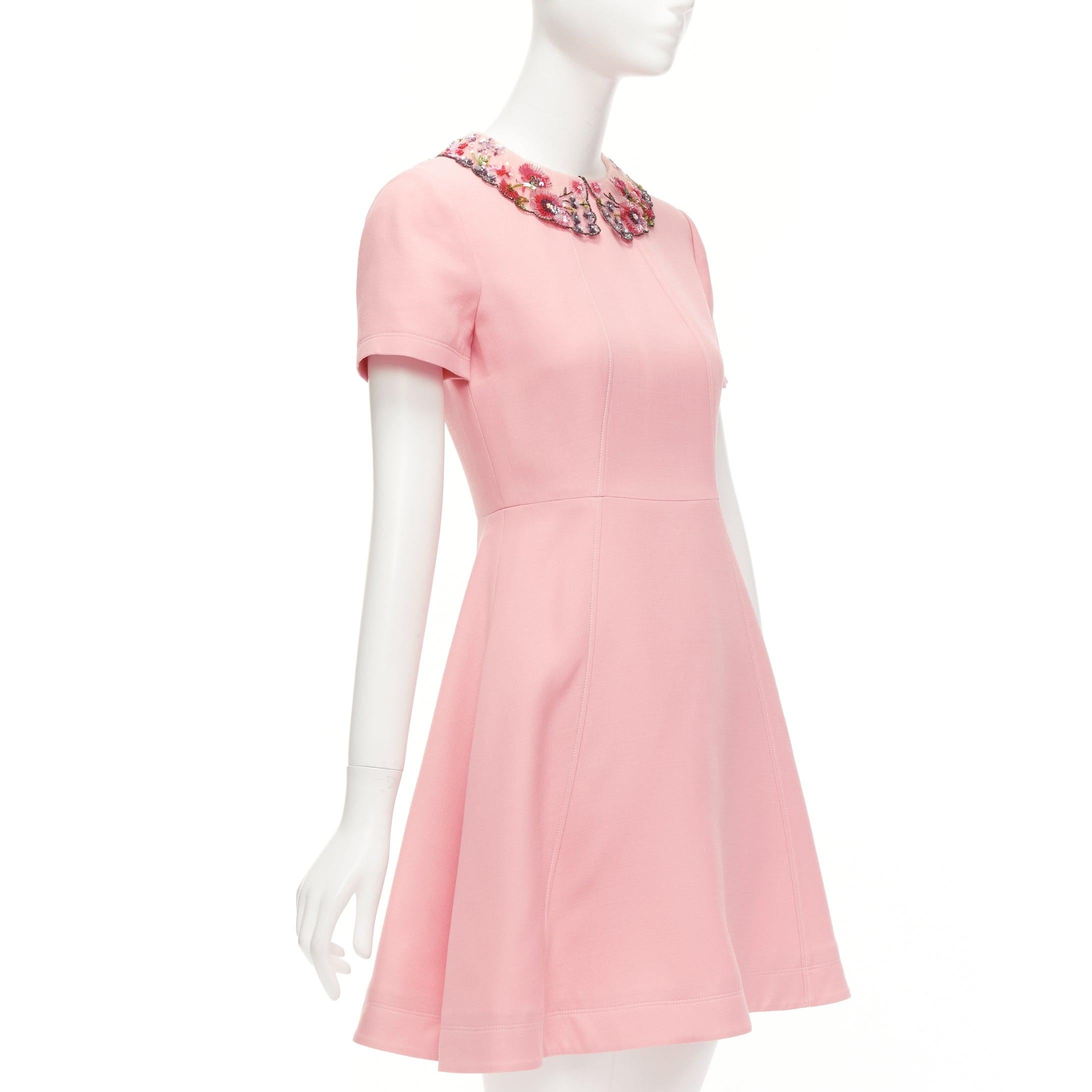 Pink VALENTINO pink wool silk crepe sequin sheer collar fit flare mini dress UK6 XS