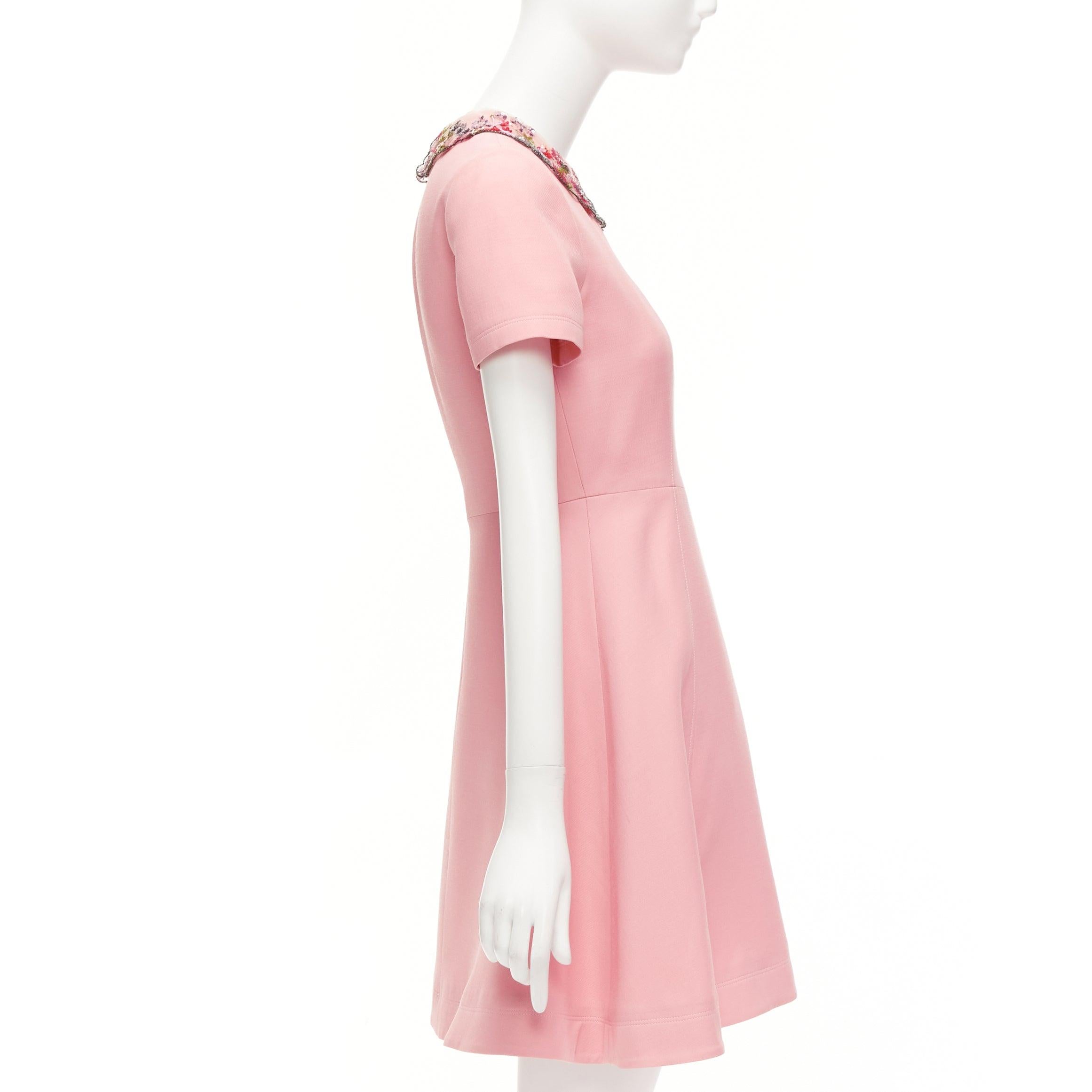 Women's VALENTINO pink wool silk crepe sequin sheer collar fit flare mini dress UK6 XS