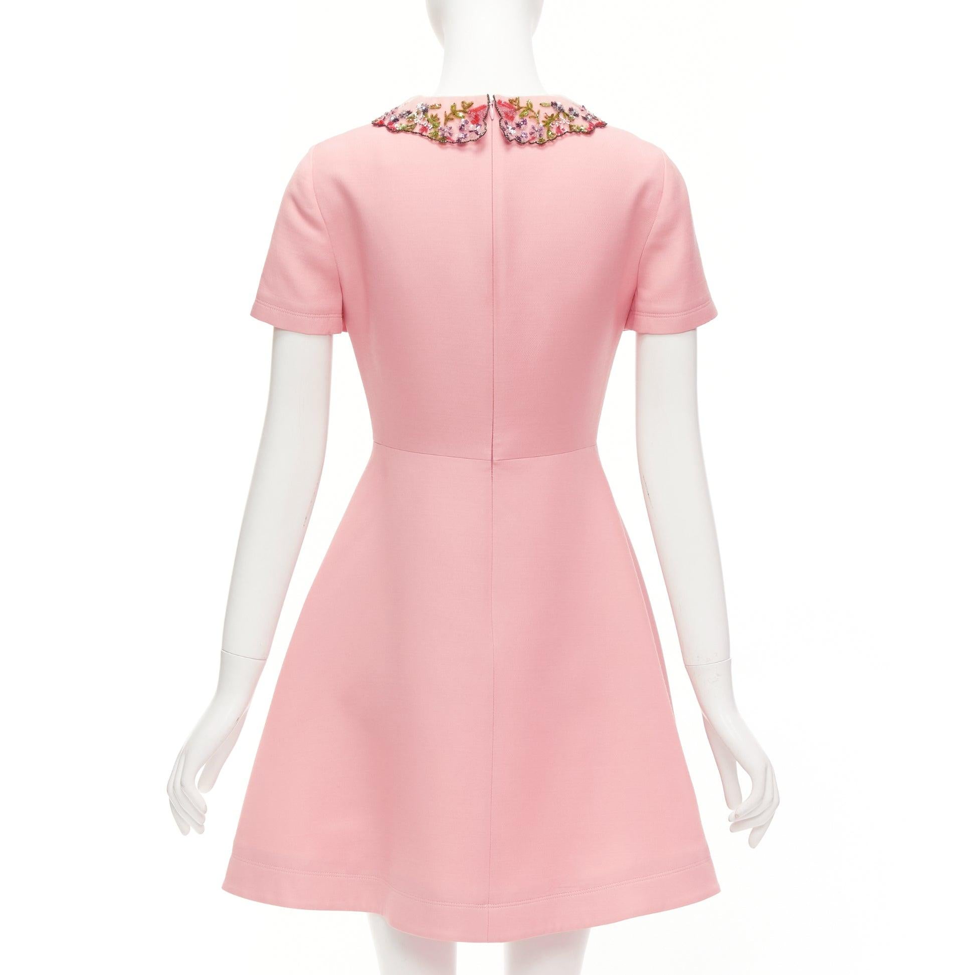 VALENTINO pink wool silk crepe sequin sheer collar fit flare mini dress UK6 XS 1