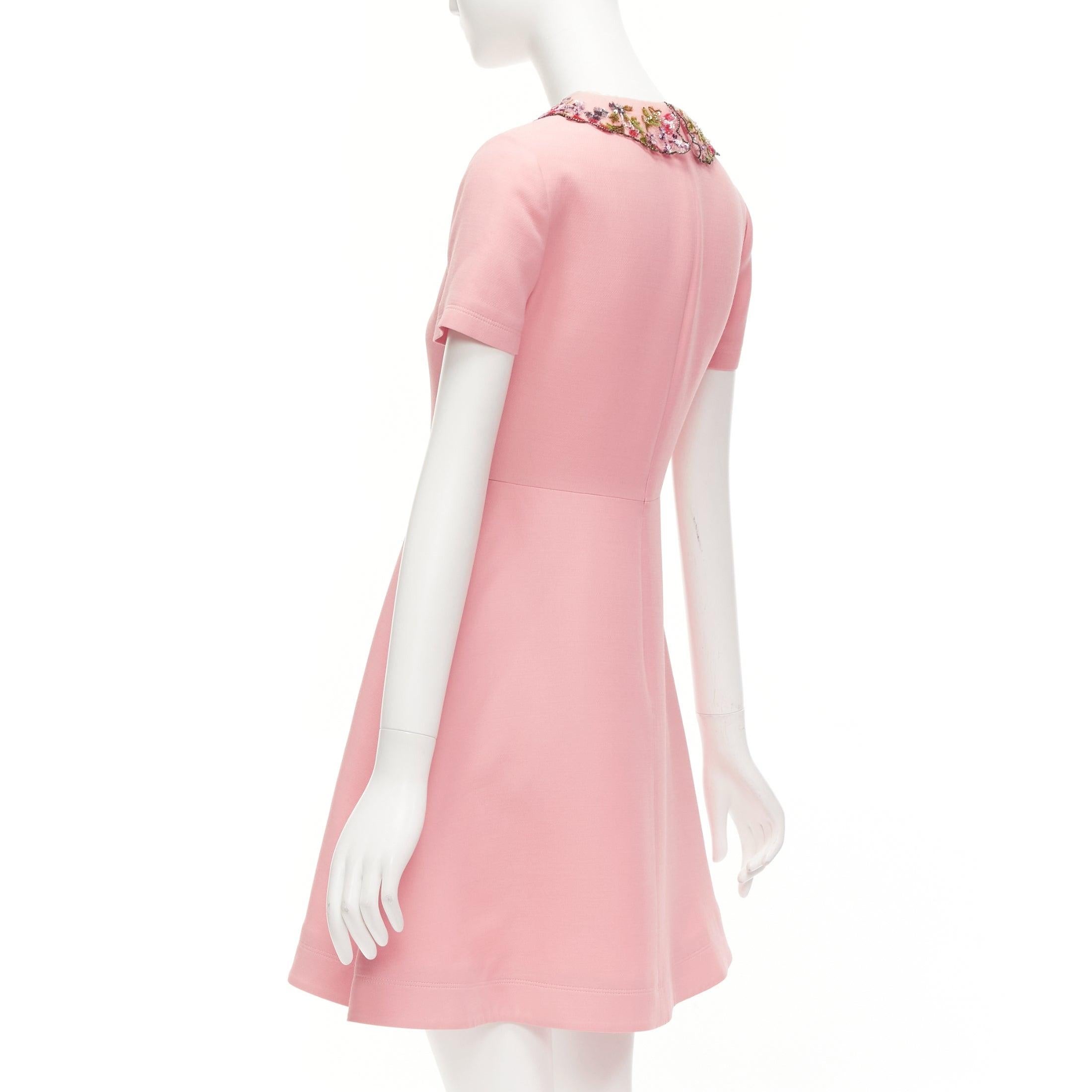 VALENTINO pink wool silk crepe sequin sheer collar fit flare mini dress UK6 XS 2