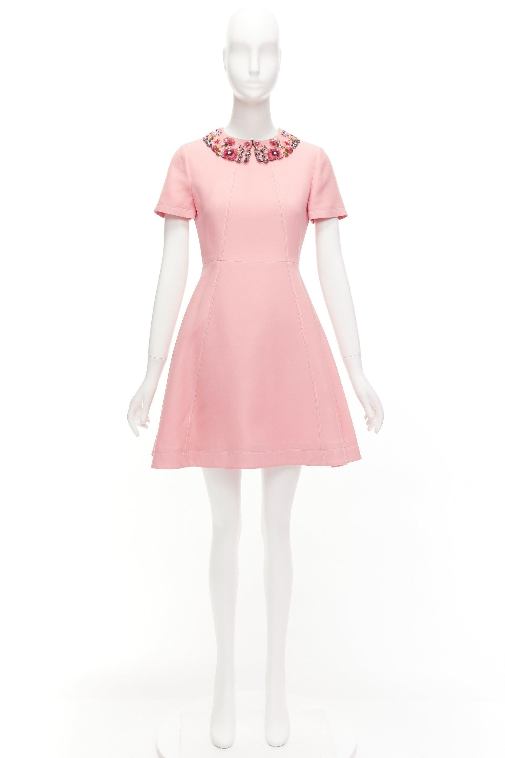 VALENTINO pink wool silk crepe sequin sheer collar fit flare mini dress UK6 XS 5