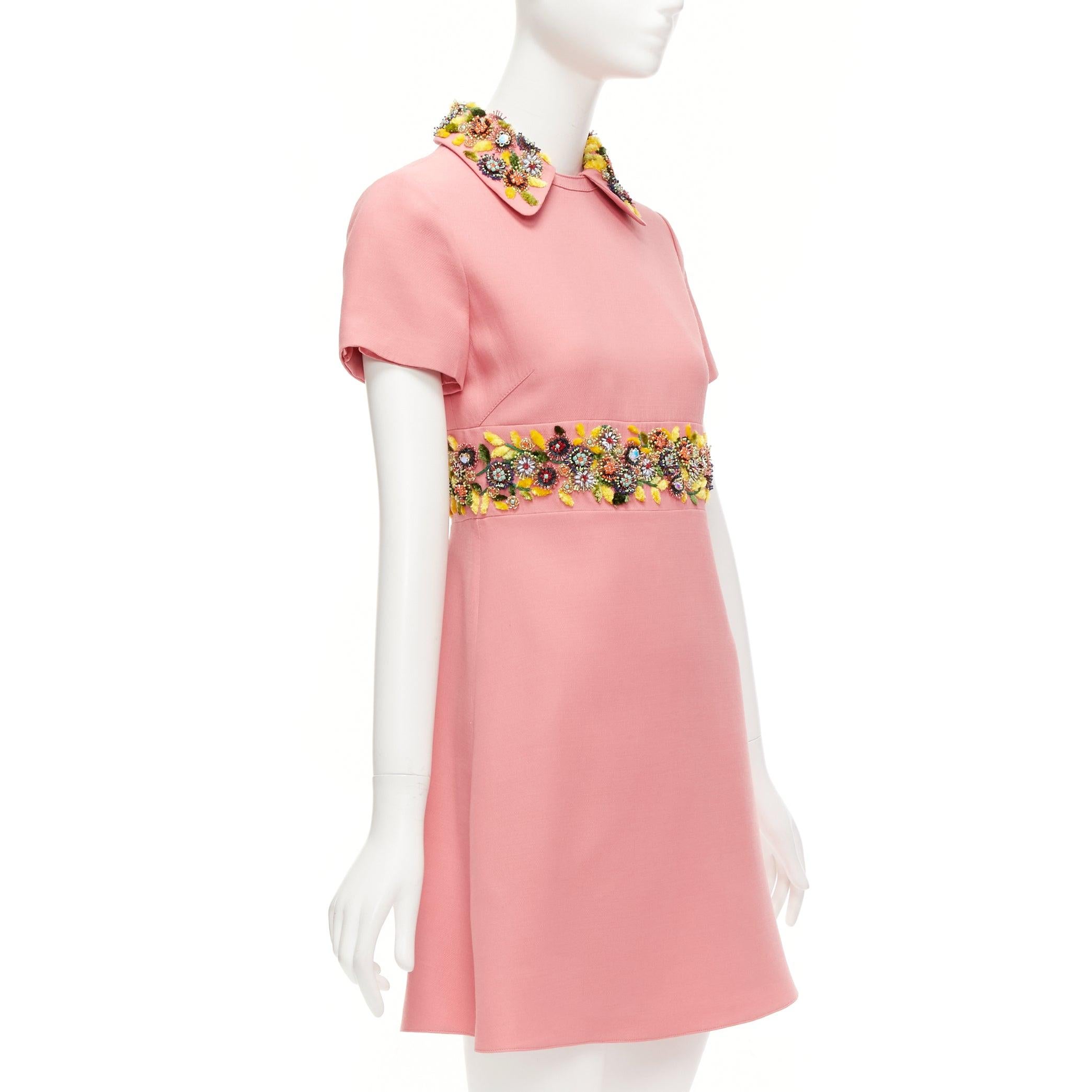 VALENTINO rosa amarillo cuentas multicolor cuello bordado cinturón vestido shift Rosa en venta