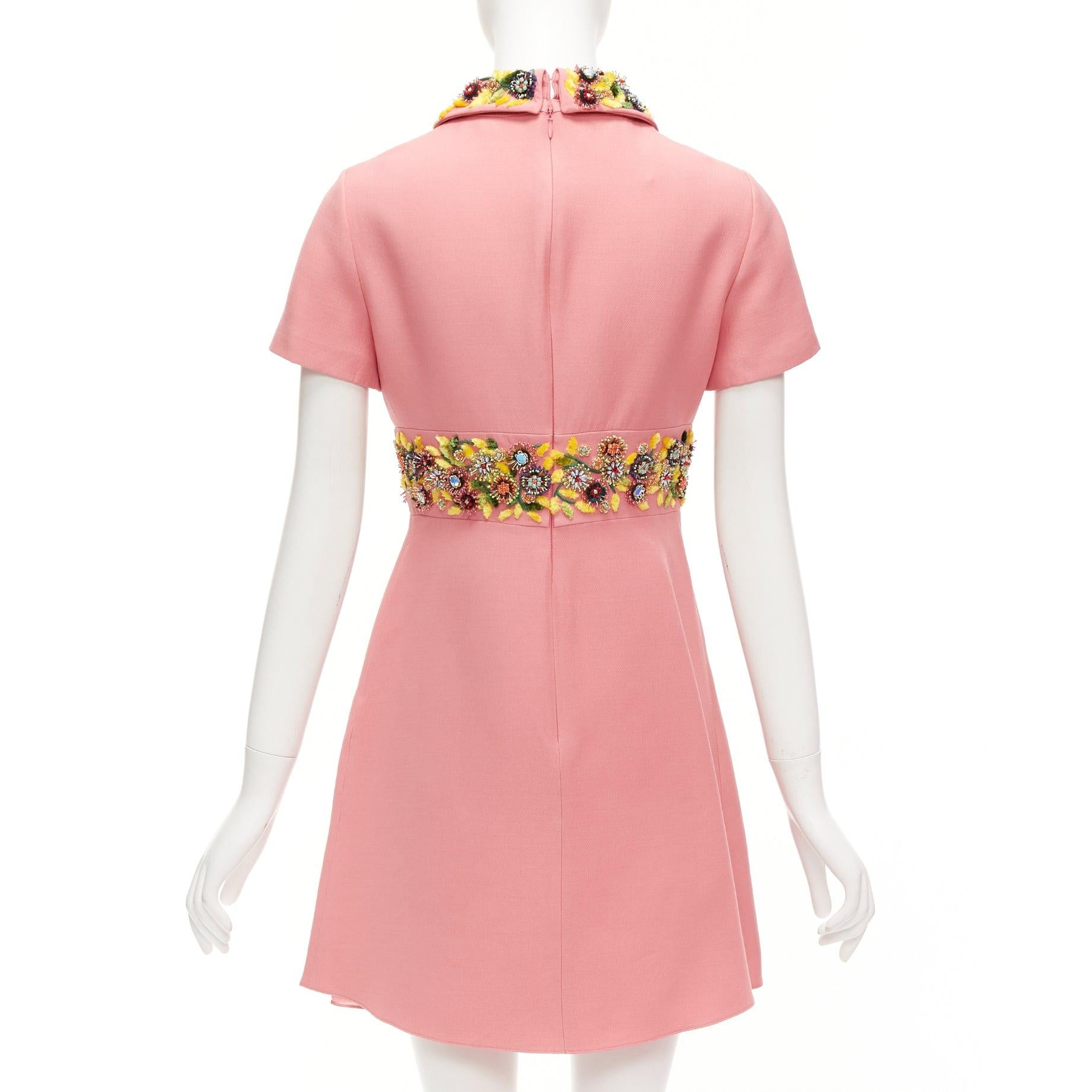 VALENTINO rosa amarillo cuentas multicolor cuello bordado cinturón vestido shift en venta 1