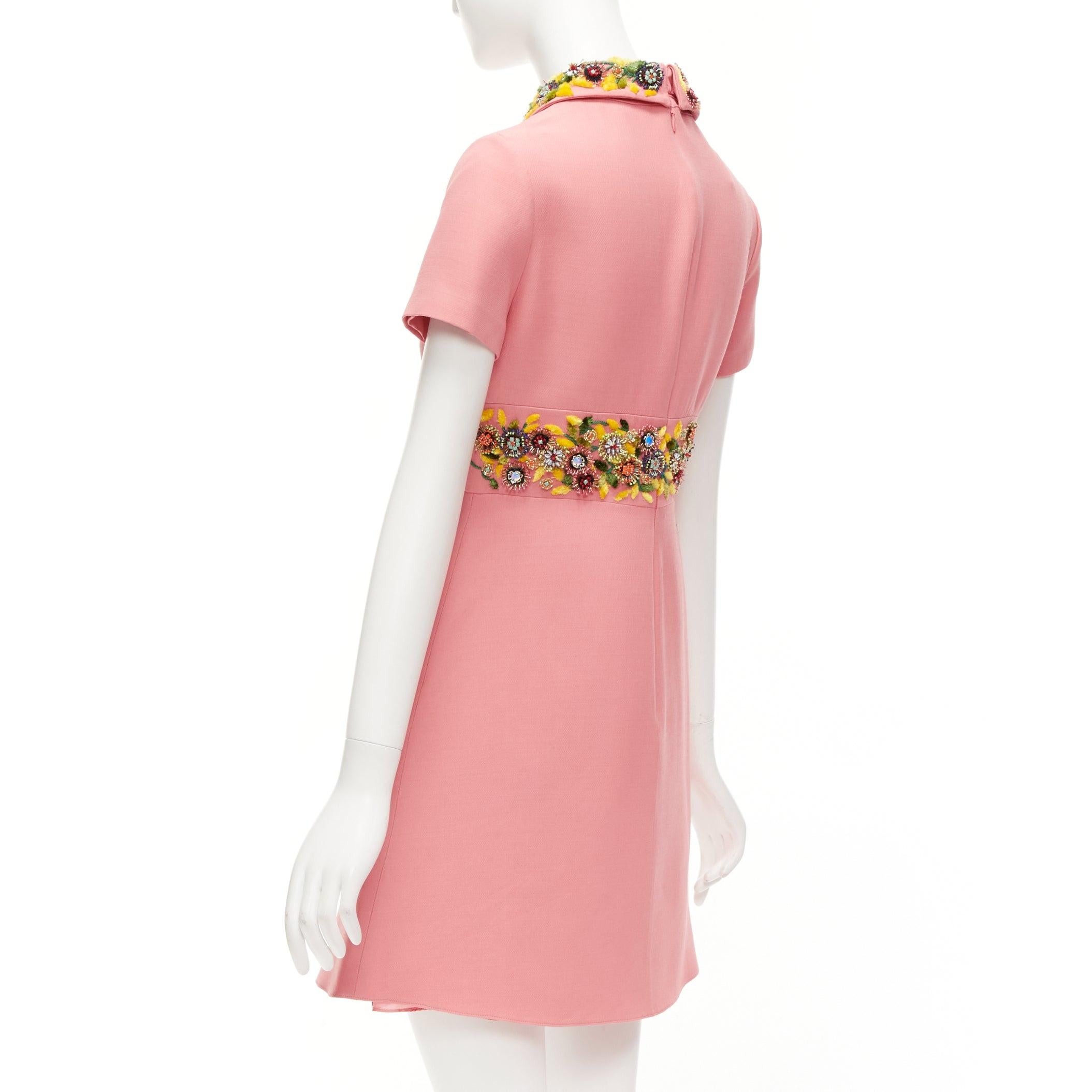 VALENTINO rosa amarillo cuentas multicolor cuello bordado cinturón vestido shift en venta 2