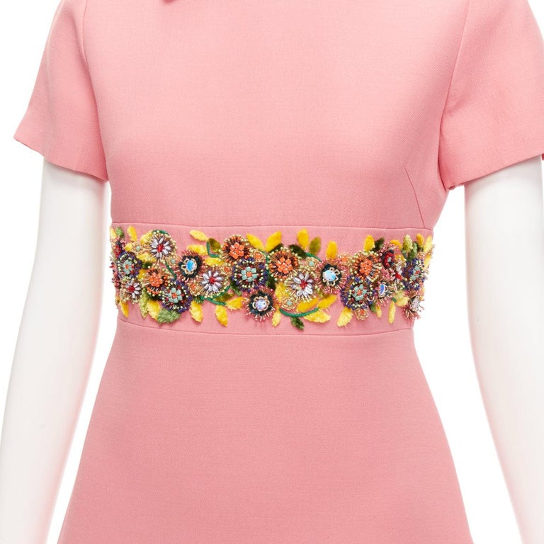 VALENTINO pink yellow multicolor beads embroidered collar belt shift dress  at 1stDibs
