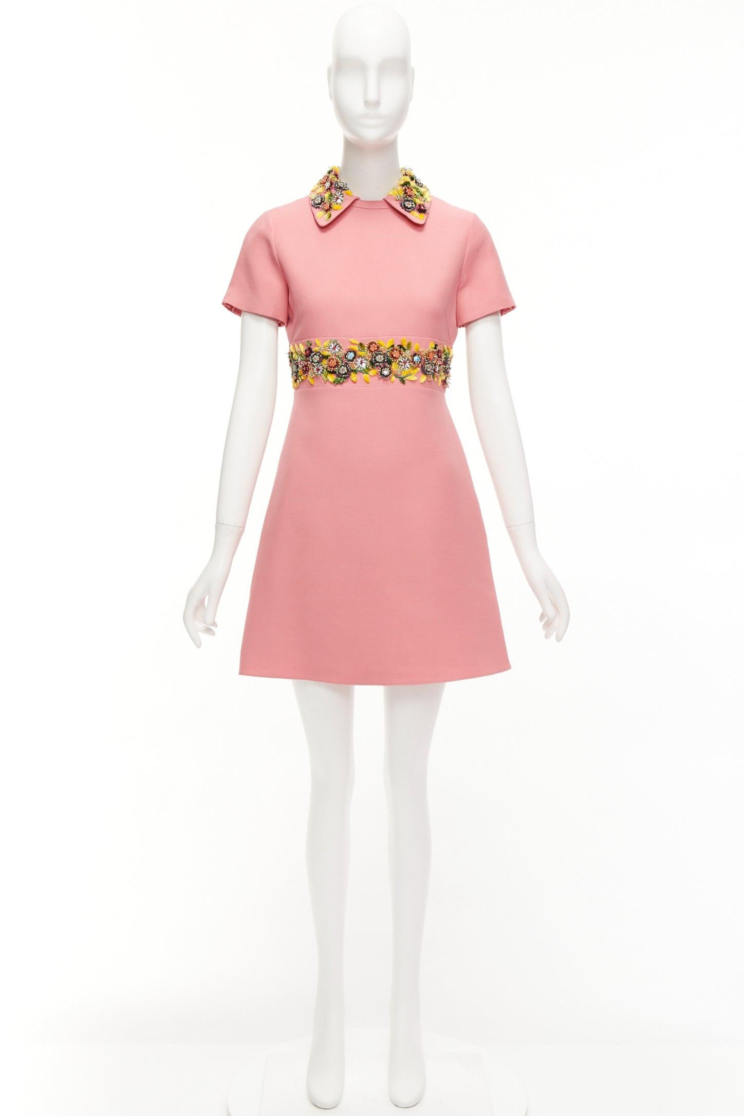 VALENTINO rosa amarillo cuentas multicolor cuello bordado cinturón vestido shift en venta 5