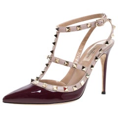 Valentino Plum/Beige Patent Leather Rockstud Pointed Toe Ankle Sandals Size 39