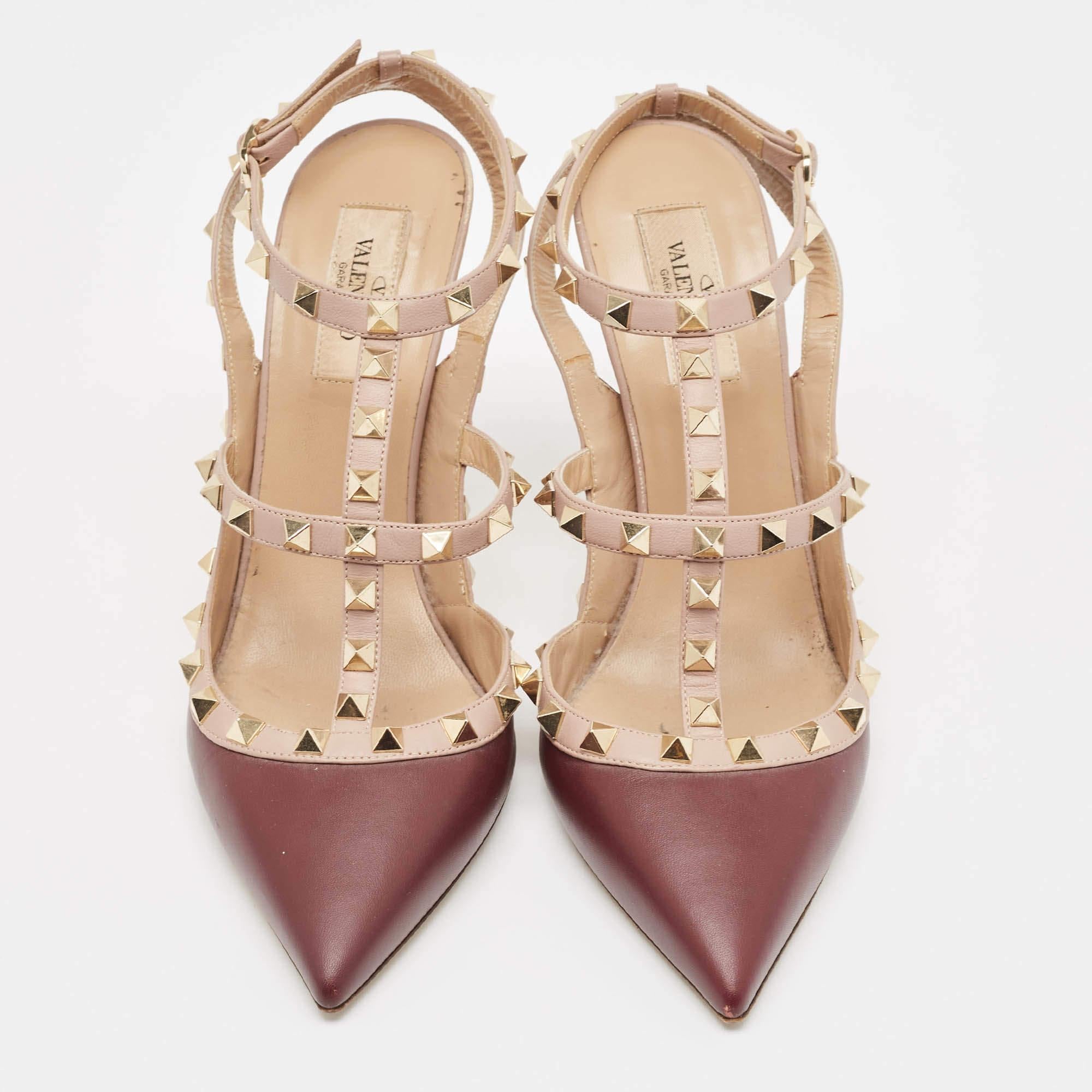 Valentino Pflaumenfarbene/Staubrosa Leder-Pumps mit Nieten und Knöchelriemen Größe 40 (Braun)