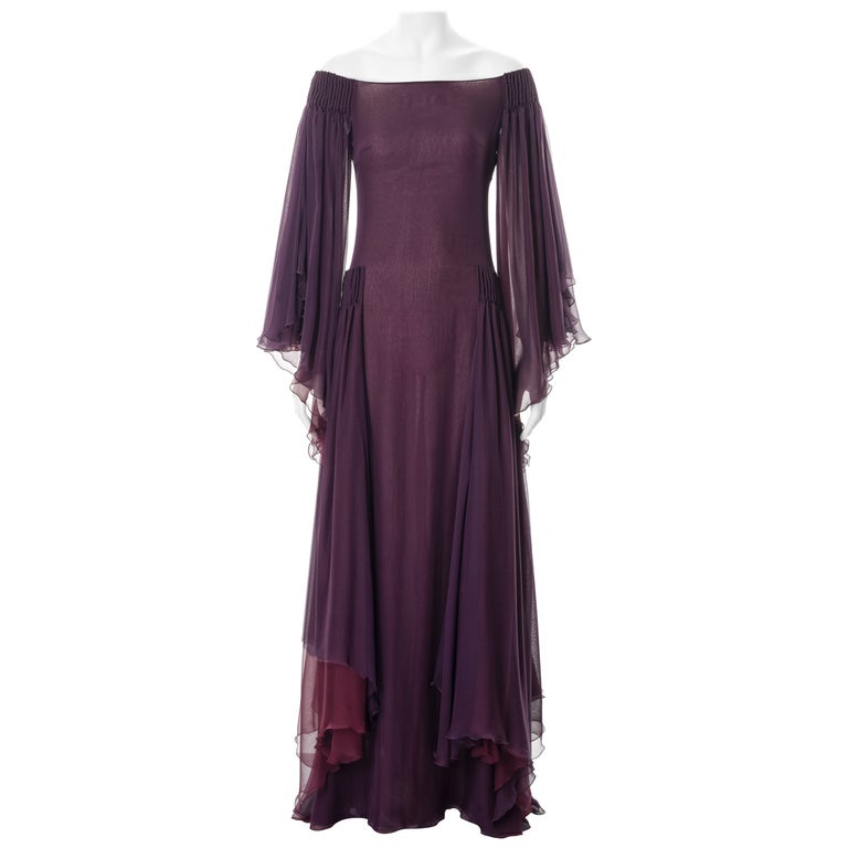 sachin and babi light blue dress Valentino plum silk angel-sleeve evening dress, fw 2002 For Sale at 1stDibs